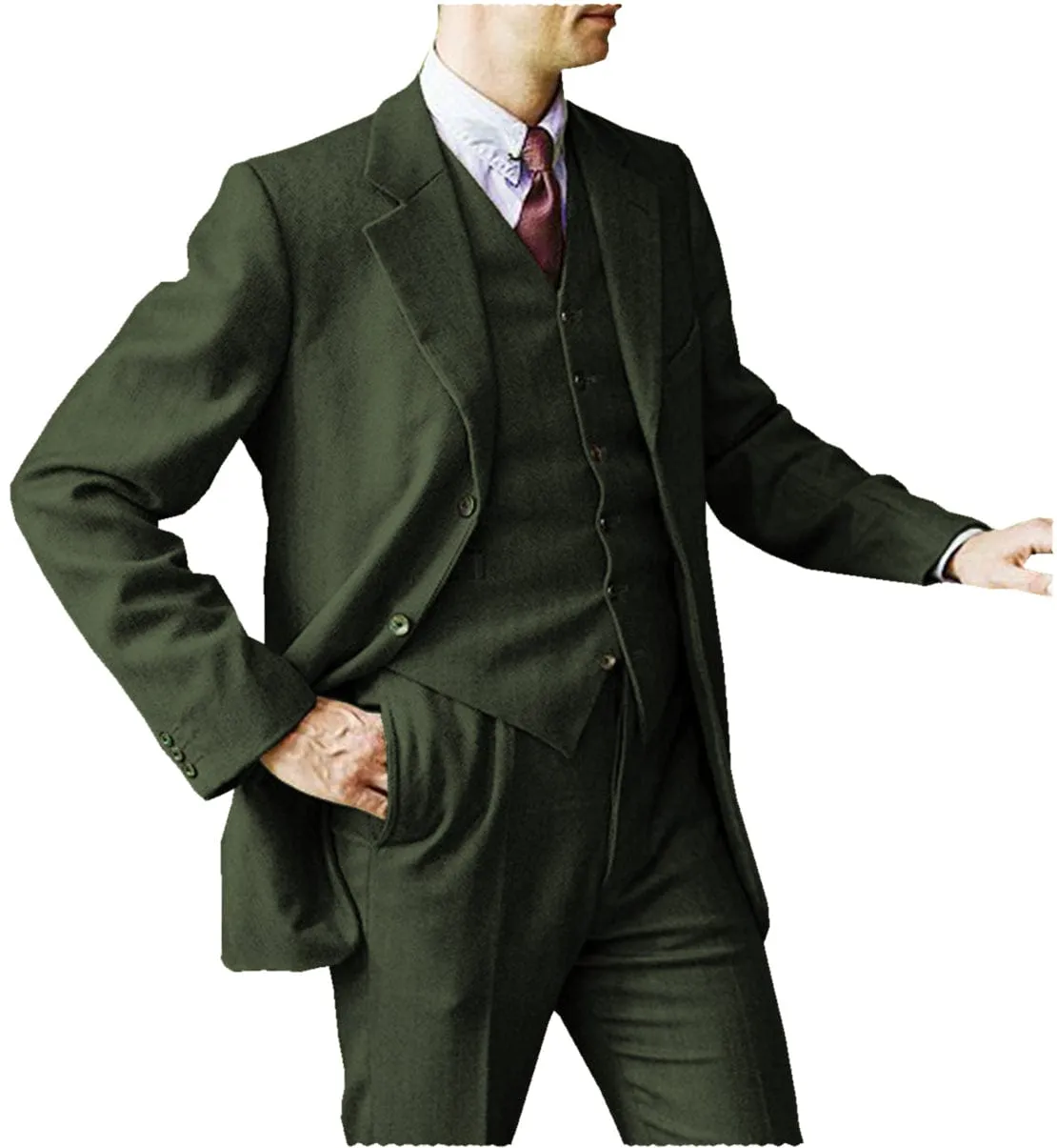 Men's 3 Pieces Suit Business Herringbone Tweed Notch Lapel Gent  Tuxedos (Blazer Vest Pants)