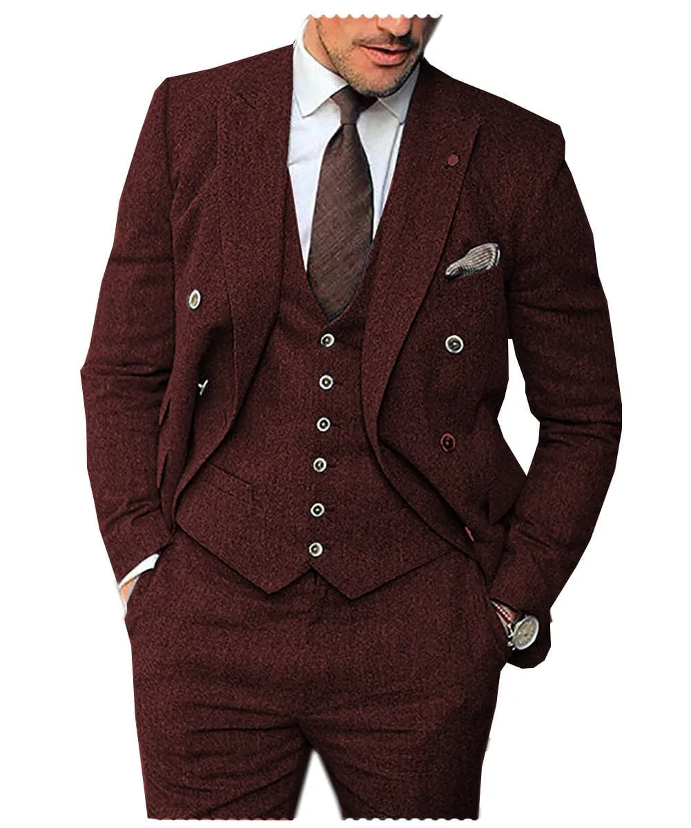 Men's 3 Pieces Suit Classic Herringbone Tweed Peak Lapel Gent Tuxedos (Blazer vest Pants)