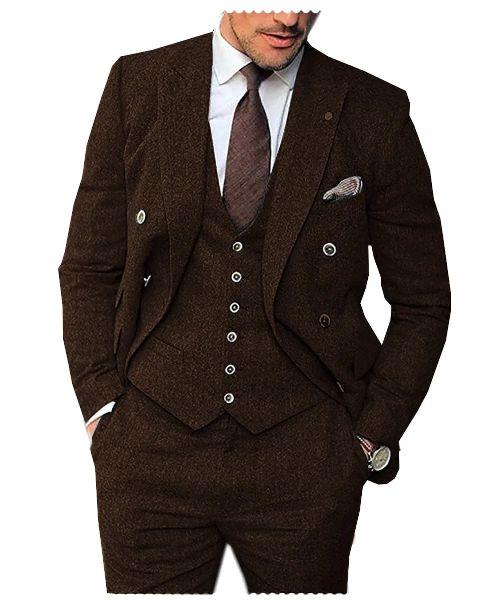 Men's 3 Pieces Suit Classic Herringbone Tweed Peak Lapel Gent Tuxedos (Blazer vest Pants)