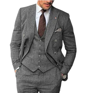 Men's 3 Pieces Suit Classic Herringbone Tweed Peak Lapel Gent Tuxedos (Blazer vest Pants)