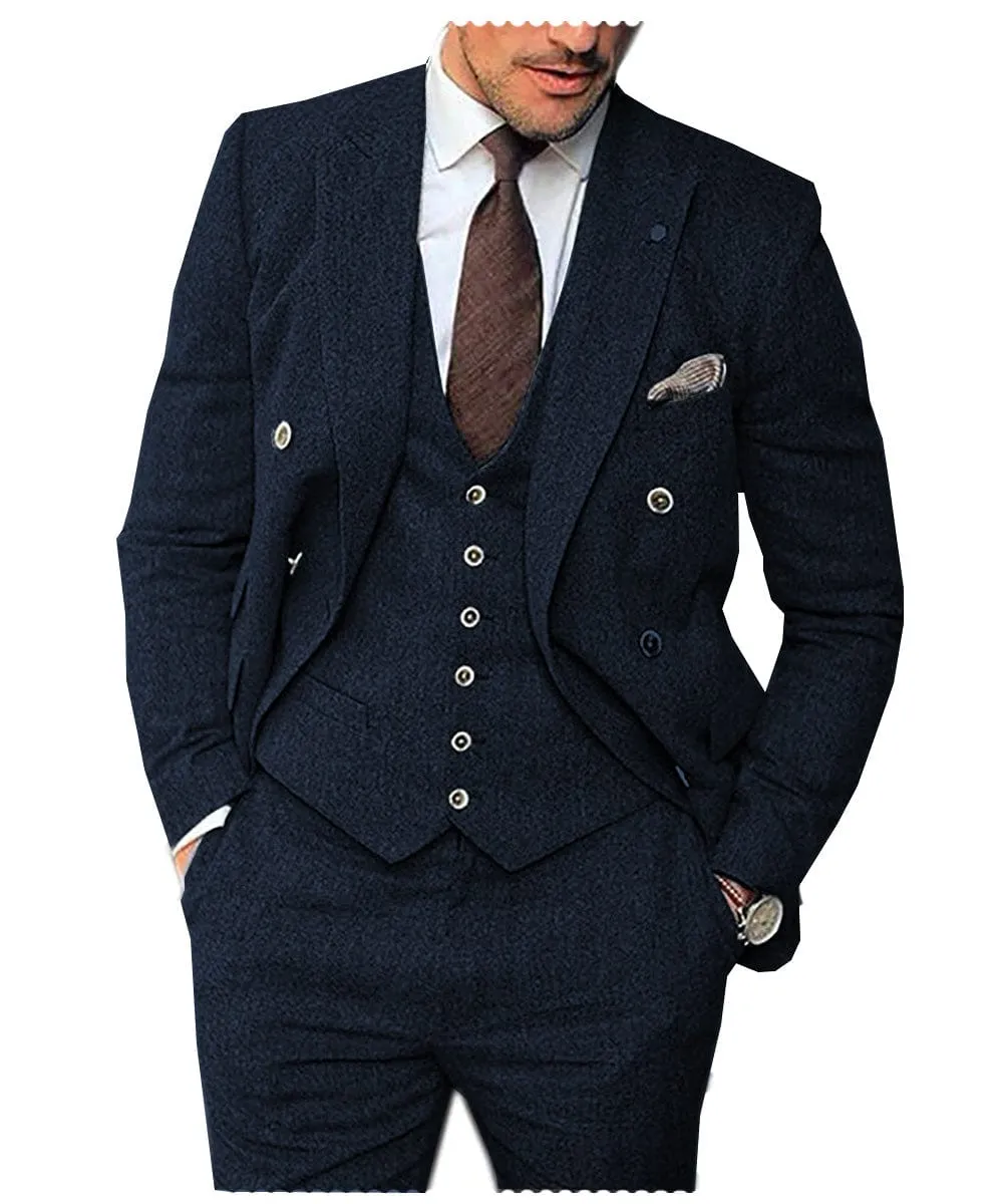 Men's 3 Pieces Suit Classic Herringbone Tweed Peak Lapel Gent Tuxedos (Blazer vest Pants)