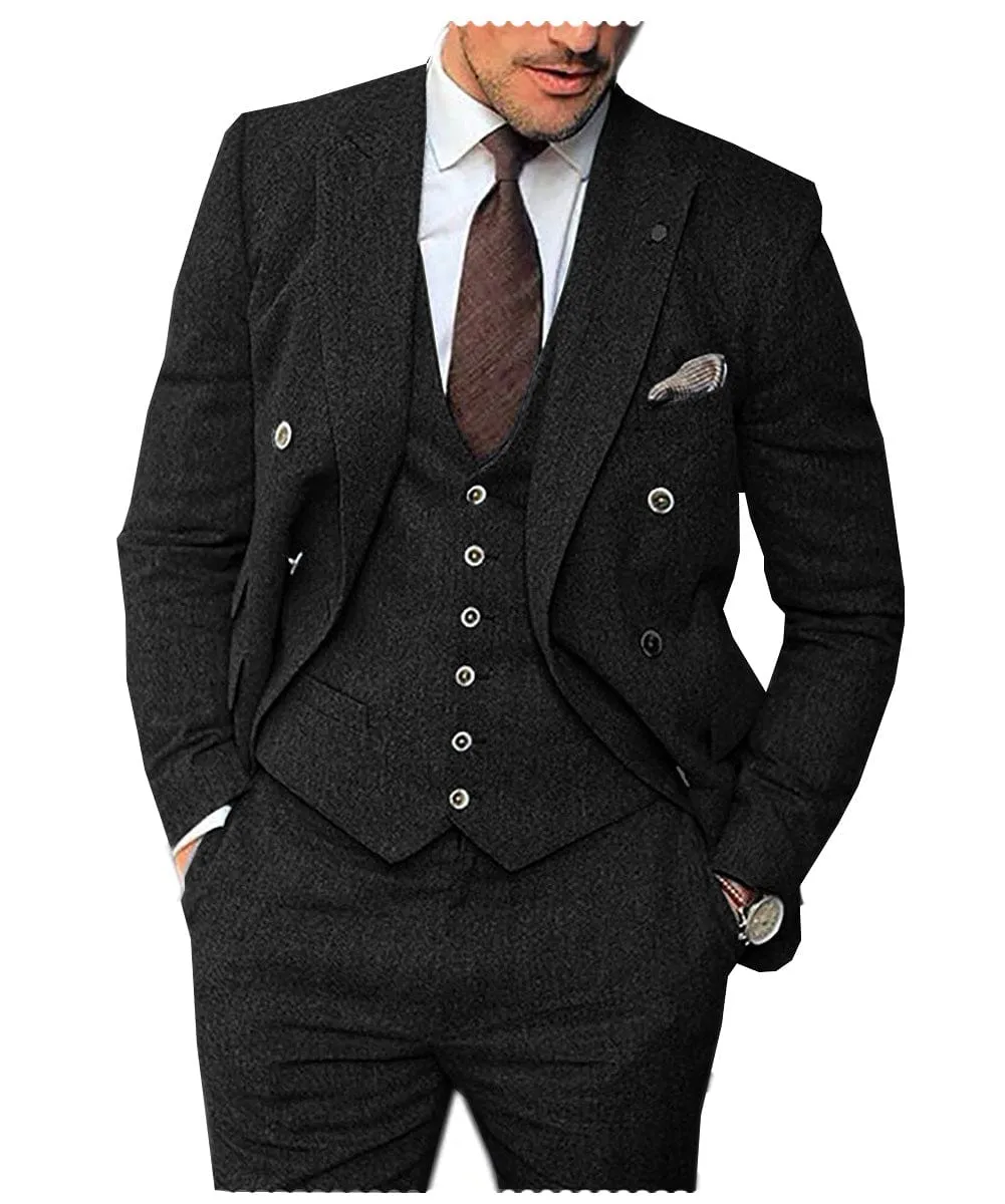 Men's 3 Pieces Suit Classic Herringbone Tweed Peak Lapel Gent Tuxedos (Blazer vest Pants)