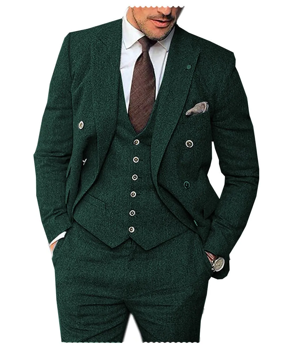Men's 3 Pieces Suit Classic Herringbone Tweed Peak Lapel Gent Tuxedos (Blazer vest Pants)