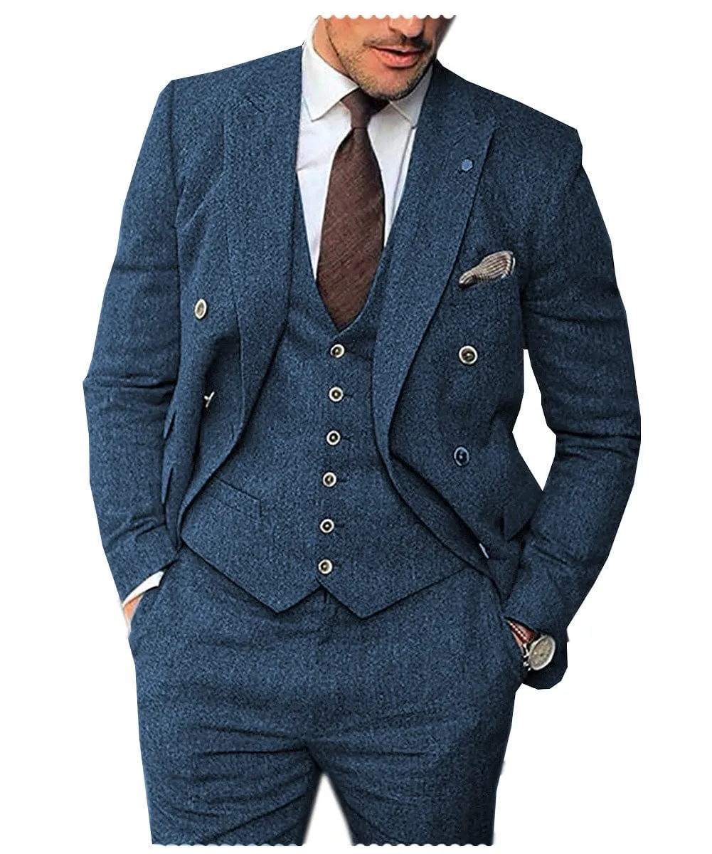 Men's 3 Pieces Suit Classic Herringbone Tweed Peak Lapel Gent Tuxedos (Blazer vest Pants)
