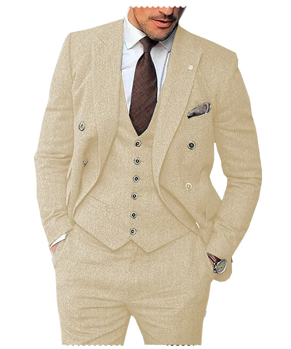 Men's 3 Pieces Suit Classic Herringbone Tweed Peak Lapel Gent Tuxedos (Blazer vest Pants)