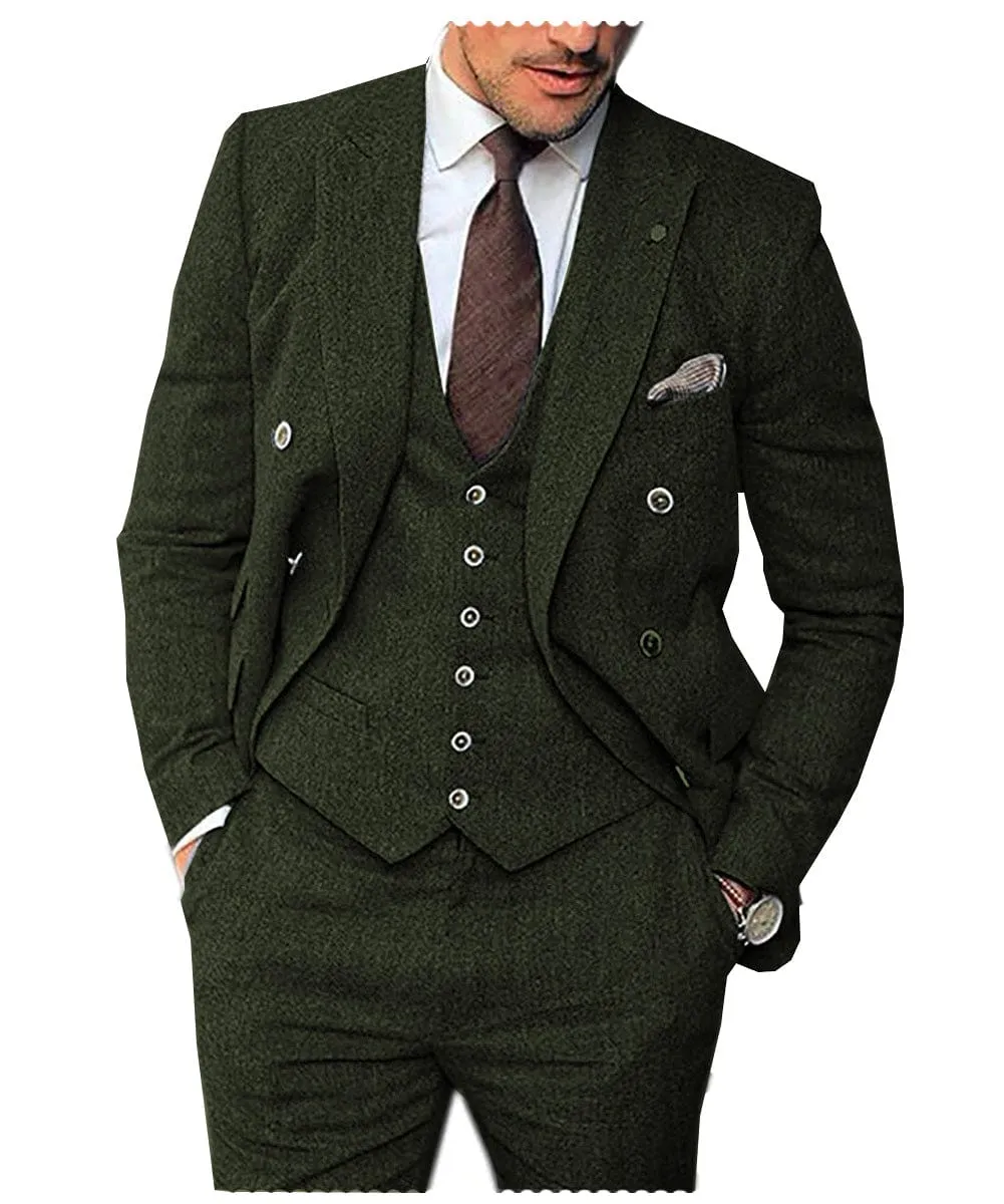 Men's 3 Pieces Suit Classic Herringbone Tweed Peak Lapel Gent Tuxedos (Blazer vest Pants)