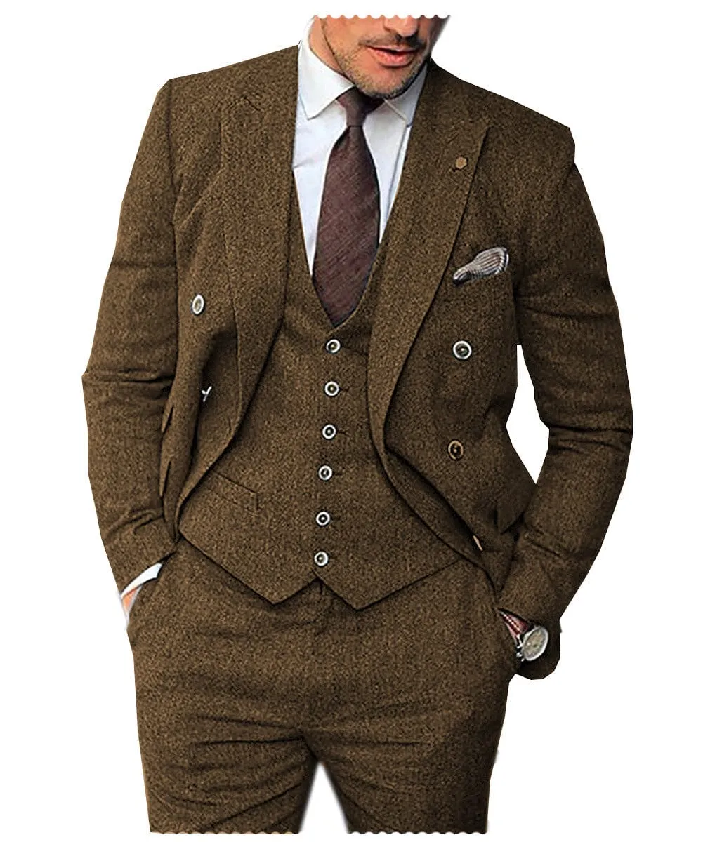 Men's 3 Pieces Suit Classic Herringbone Tweed Peak Lapel Gent Tuxedos (Blazer vest Pants)
