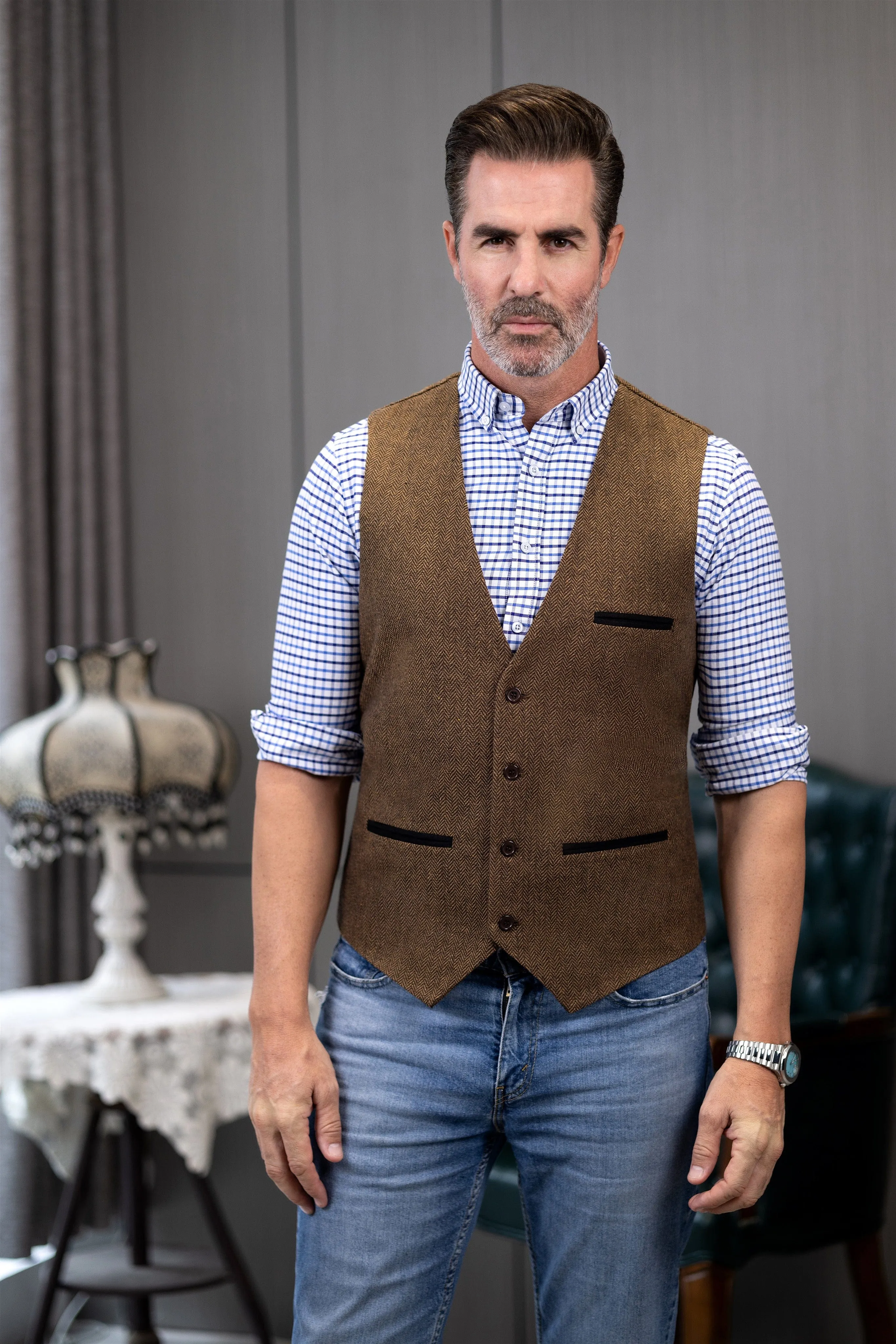 Men's Fashion Herringbone V Neck Waistcoat