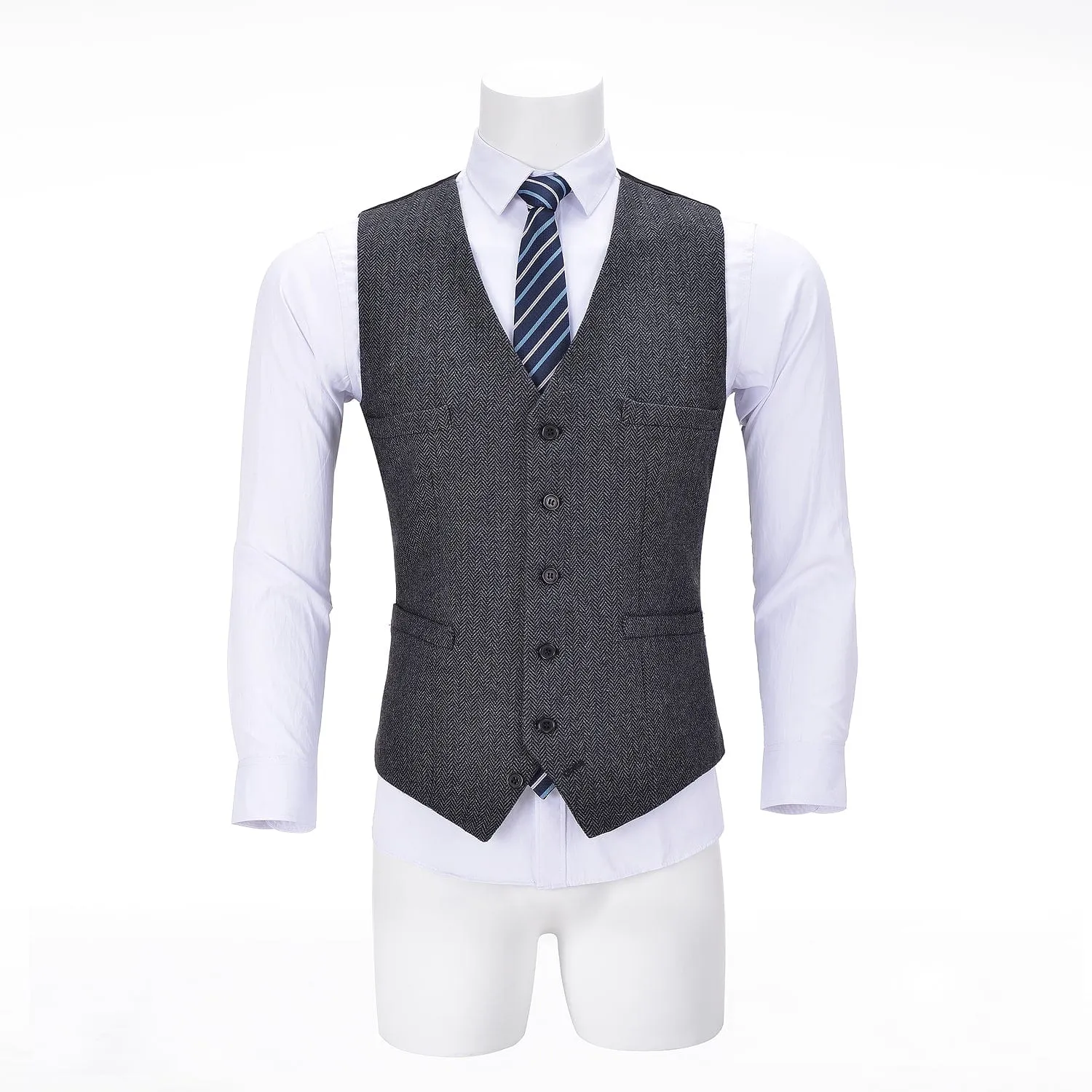 Men's Tweed Herringbone Paneled Satin Vest Slim Fit Waistcoat