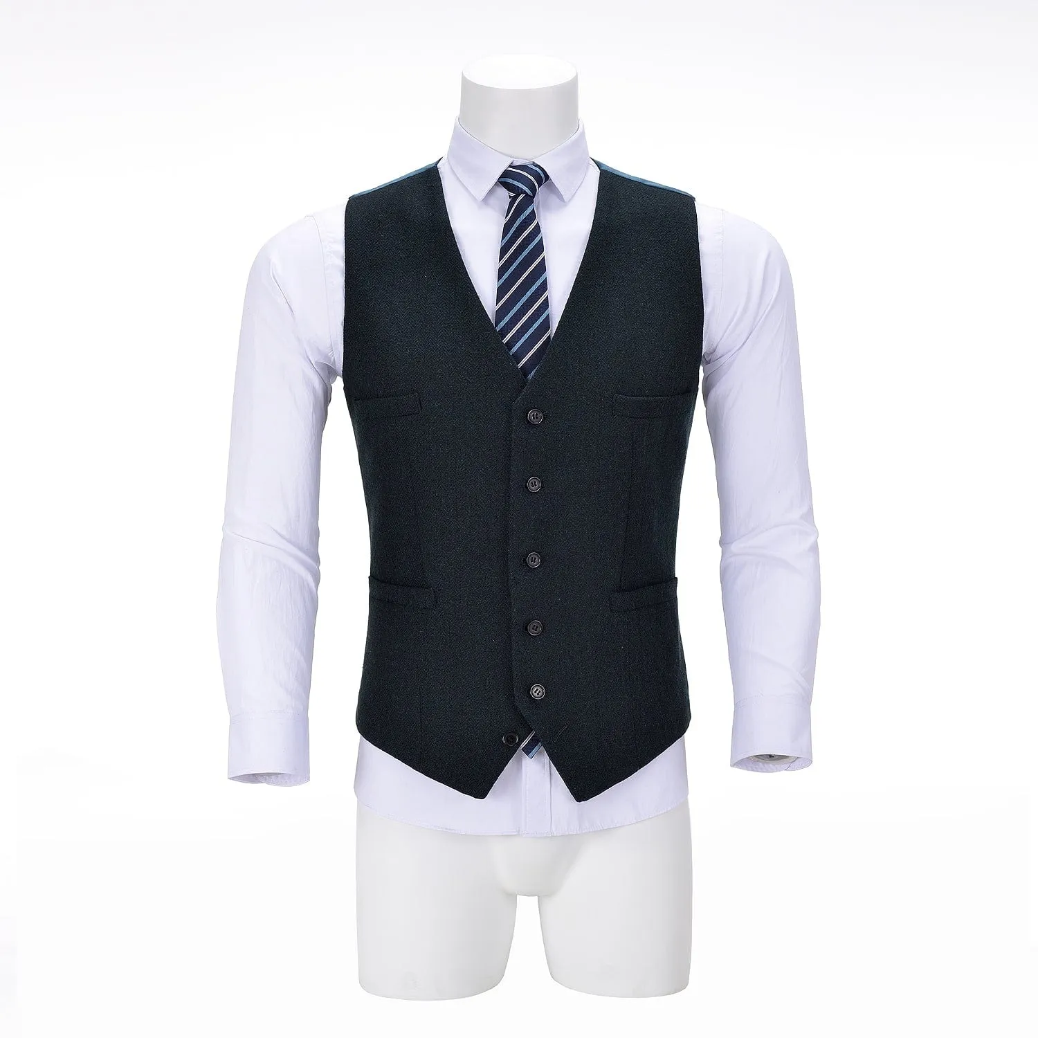 Men's Tweed Herringbone Paneled Satin Vest Slim Fit Waistcoat