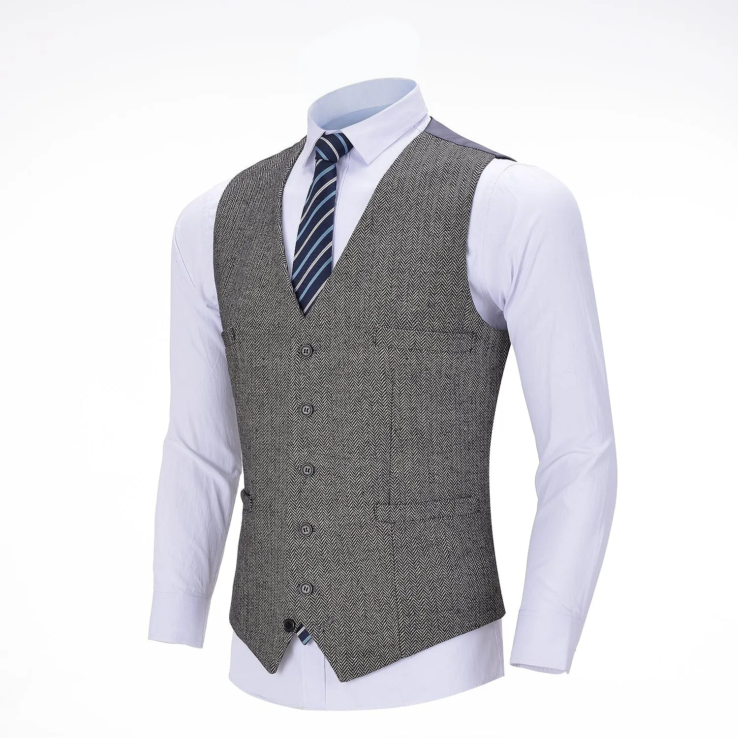 Men's Tweed Herringbone Paneled Satin Vest Slim Fit Waistcoat