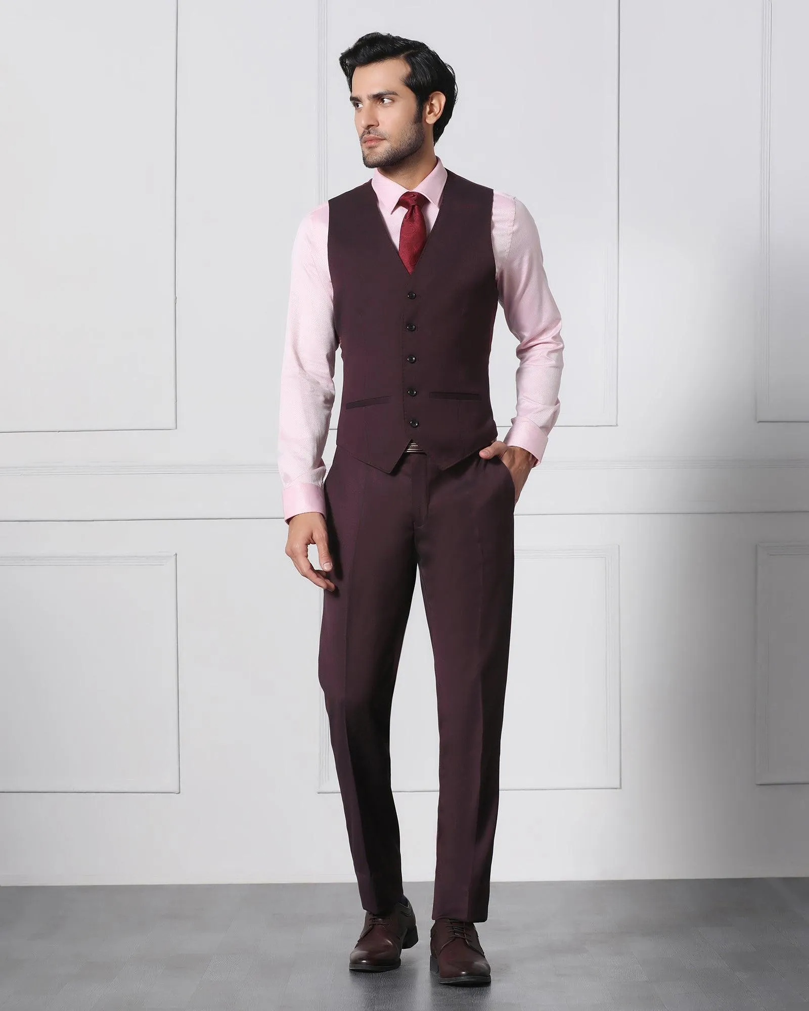 Must Haves Three Piece Darkk Wine Solid Formal Suit - Jaguar
