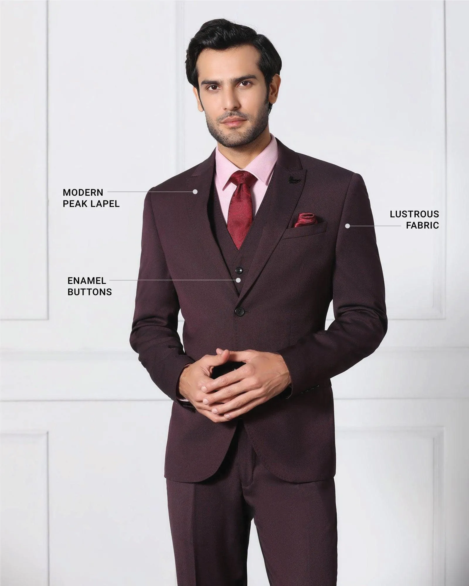 Must Haves Three Piece Darkk Wine Solid Formal Suit - Jaguar