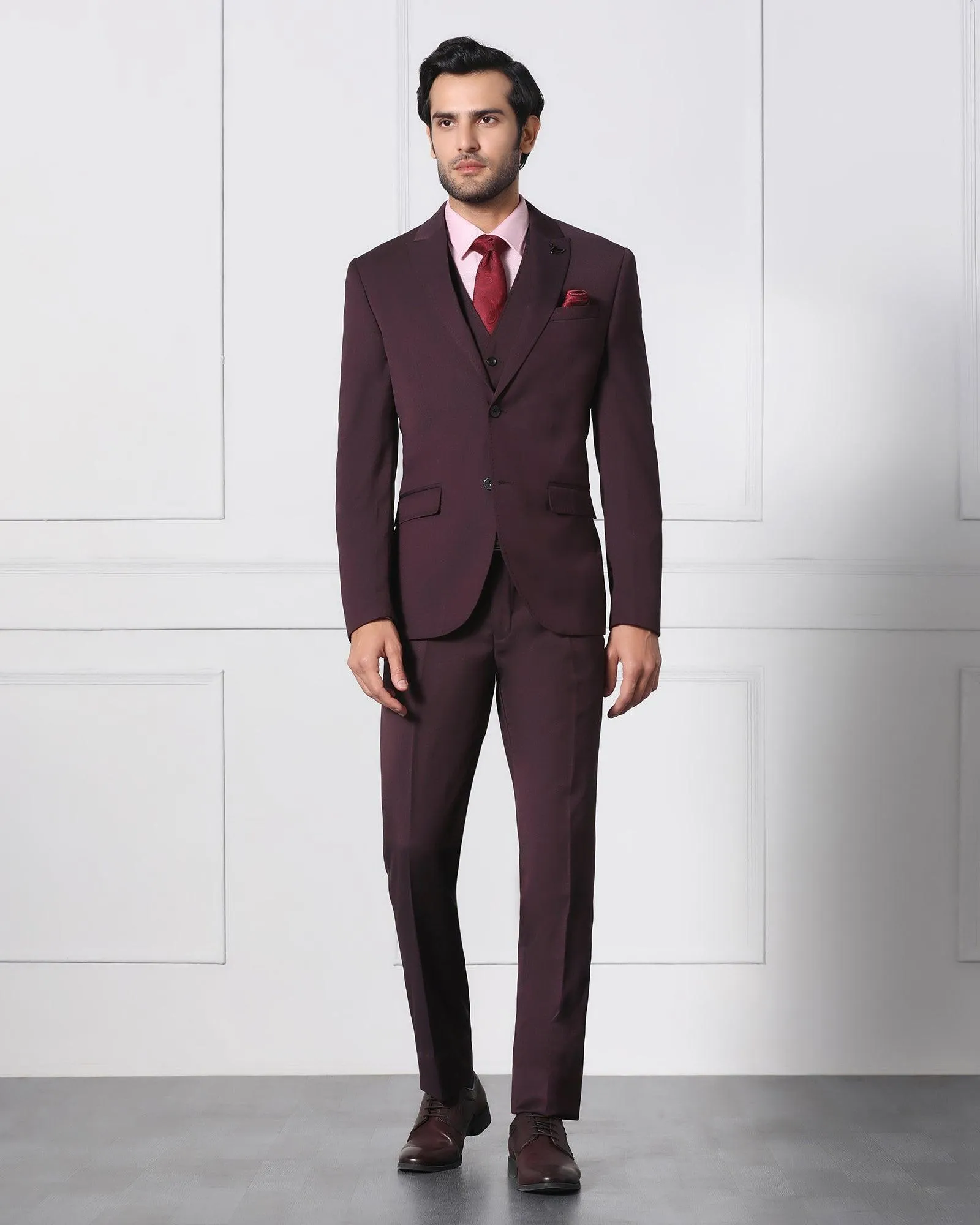 Must Haves Three Piece Darkk Wine Solid Formal Suit - Jaguar