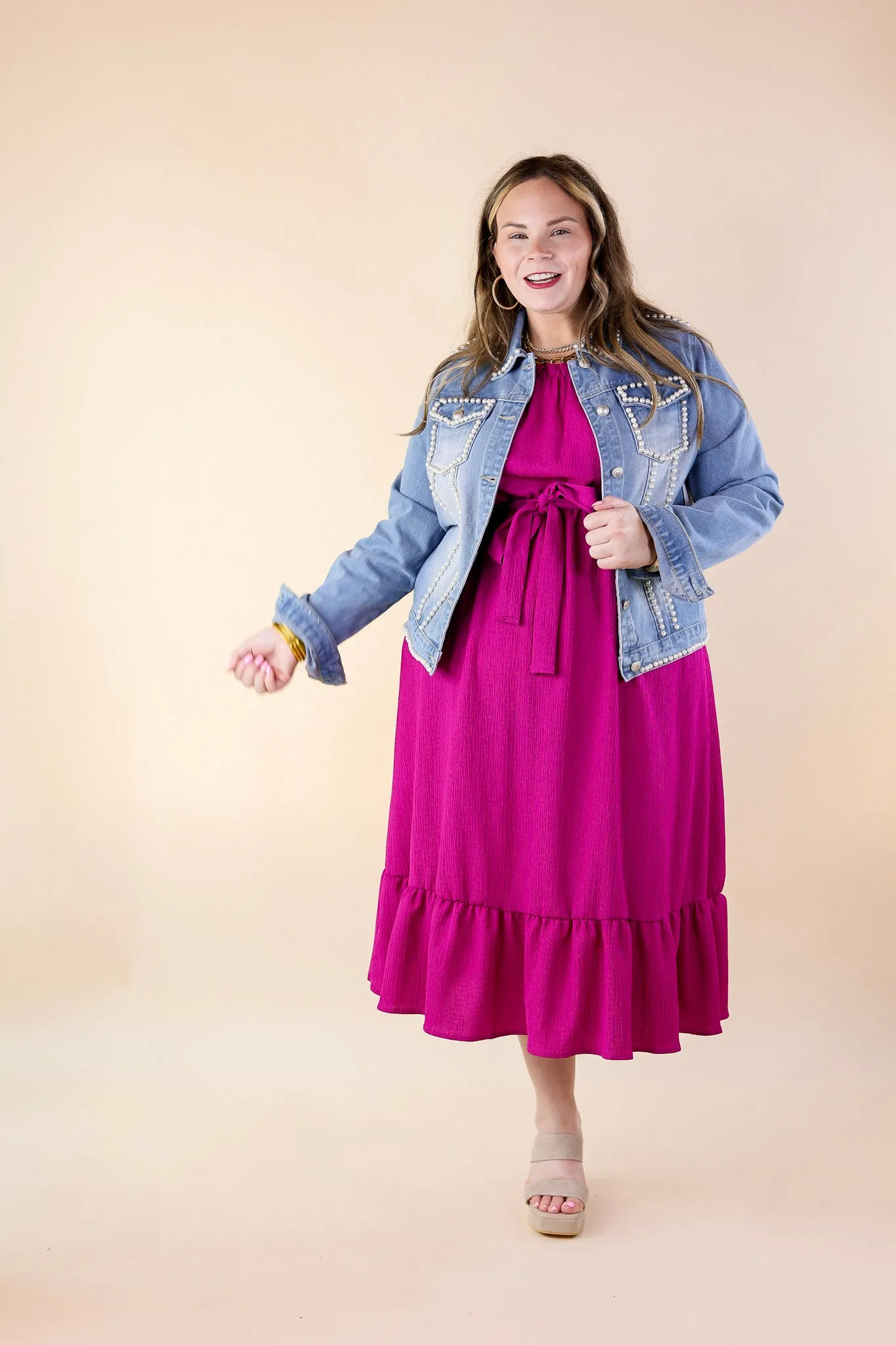 Pearls For the Girls Pearl Embellished Denim Jacket in Light Wash