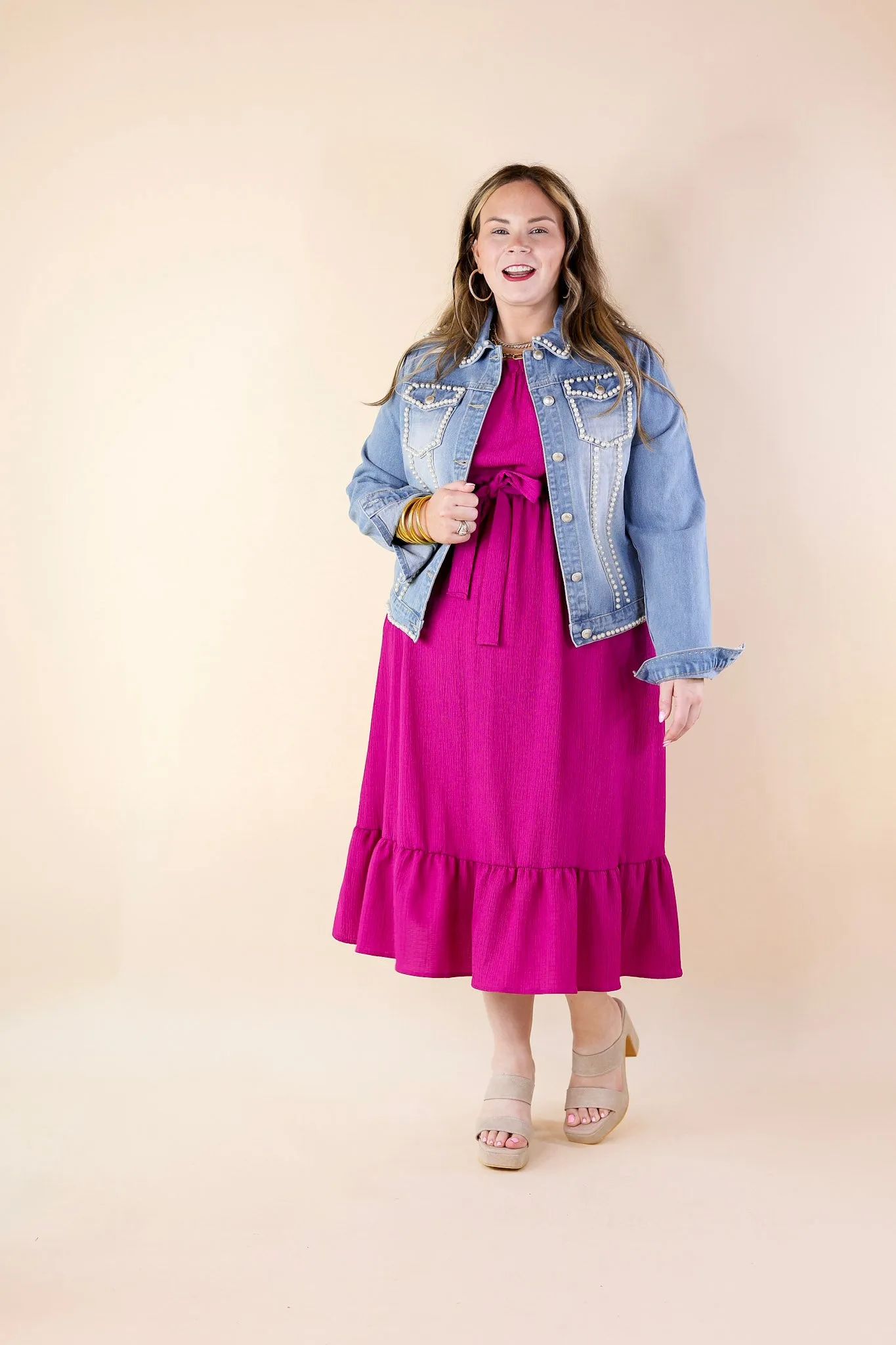 Pearls For the Girls Pearl Embellished Denim Jacket in Light Wash