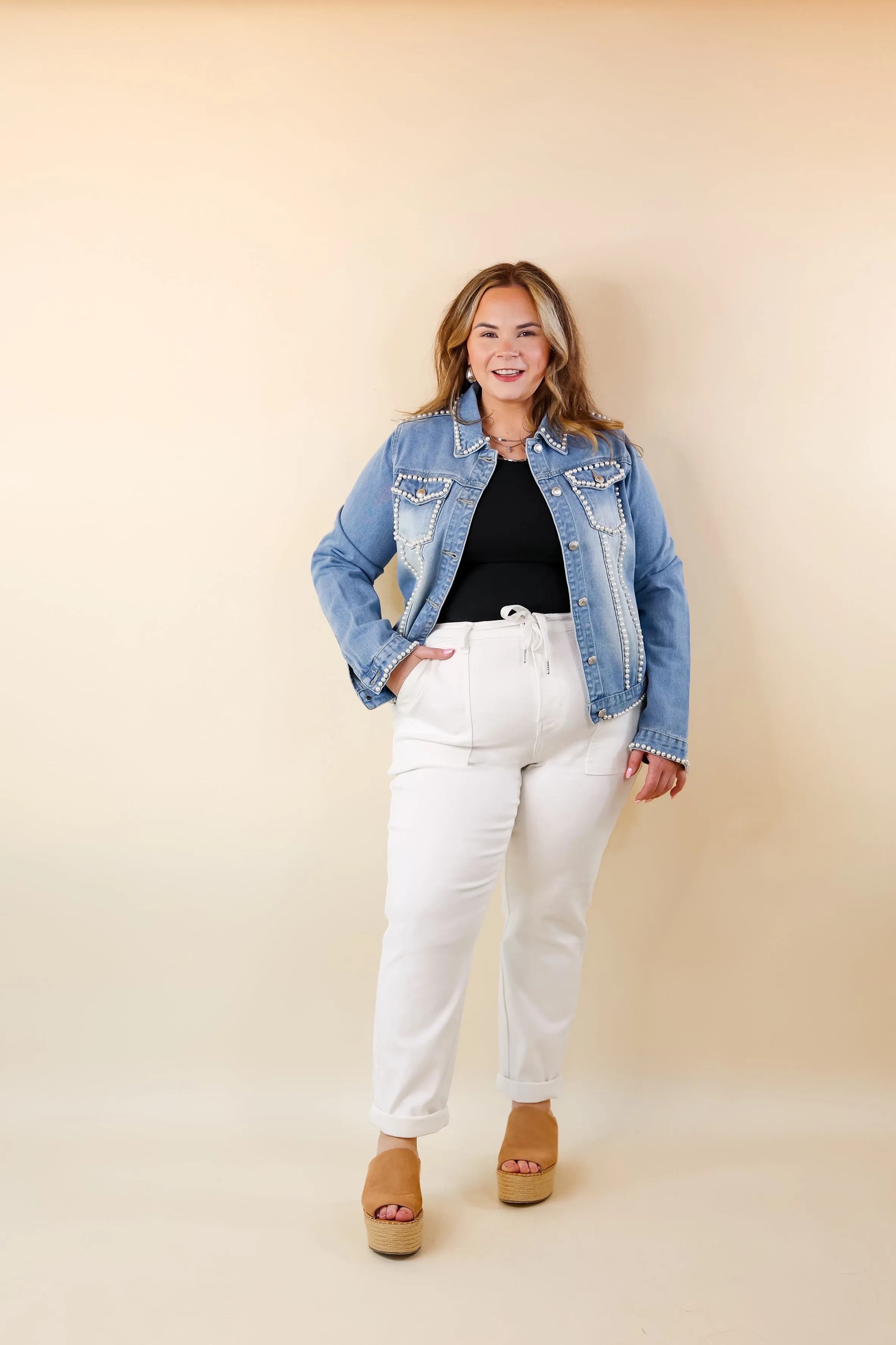 Pearls For the Girls Pearl Embellished Denim Jacket in Light Wash