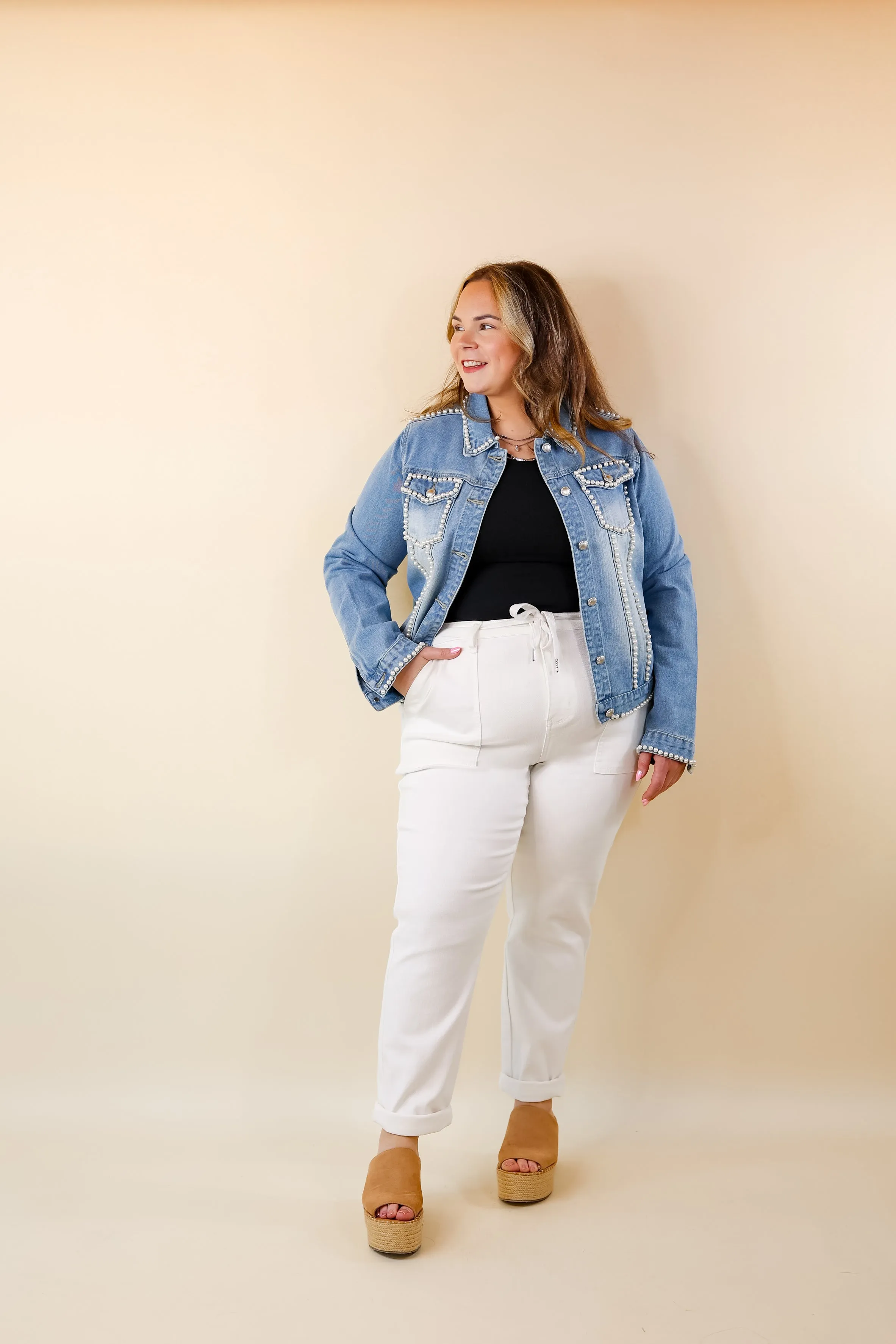 Pearls For the Girls Pearl Embellished Denim Jacket in Light Wash