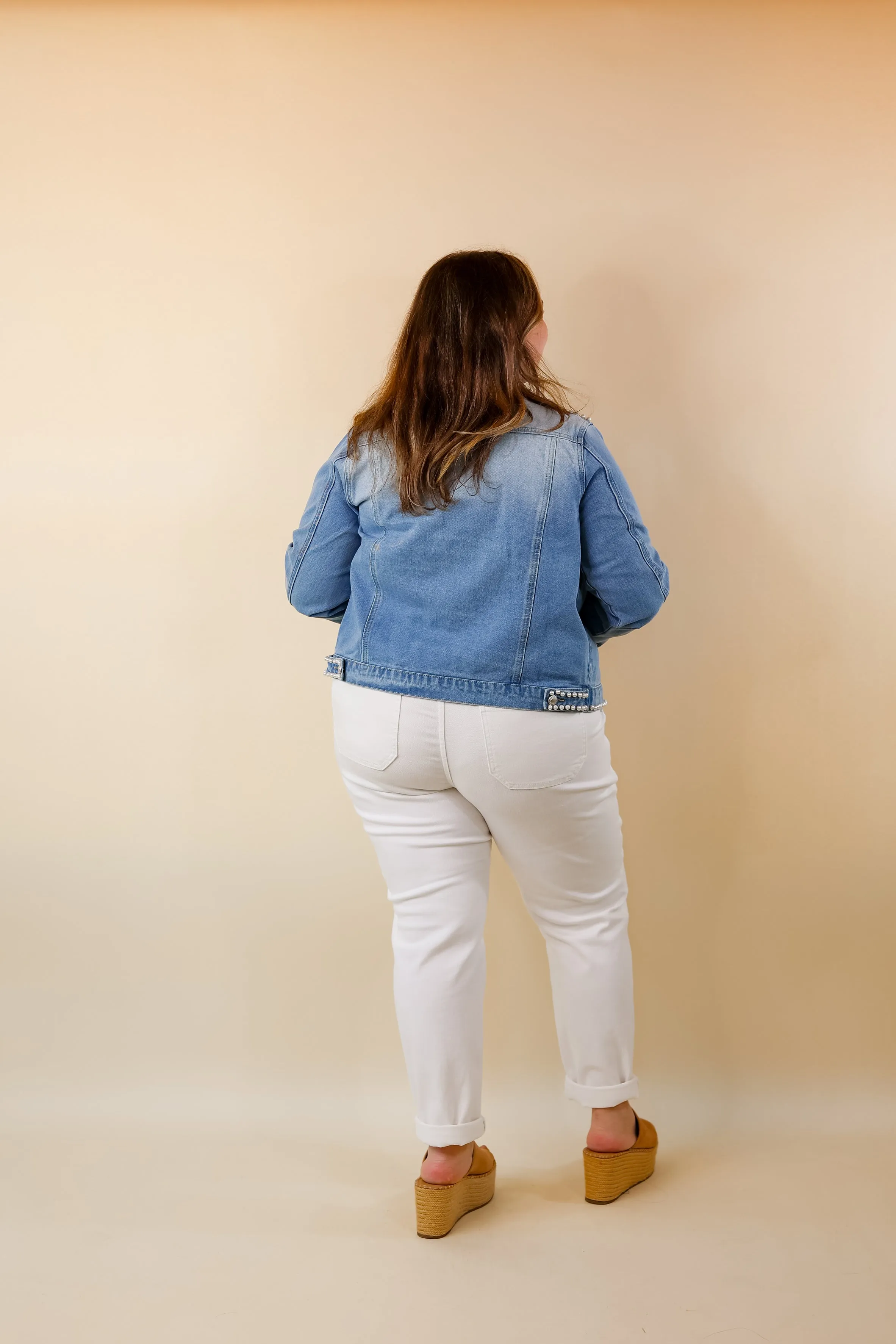 Pearls For the Girls Pearl Embellished Denim Jacket in Light Wash