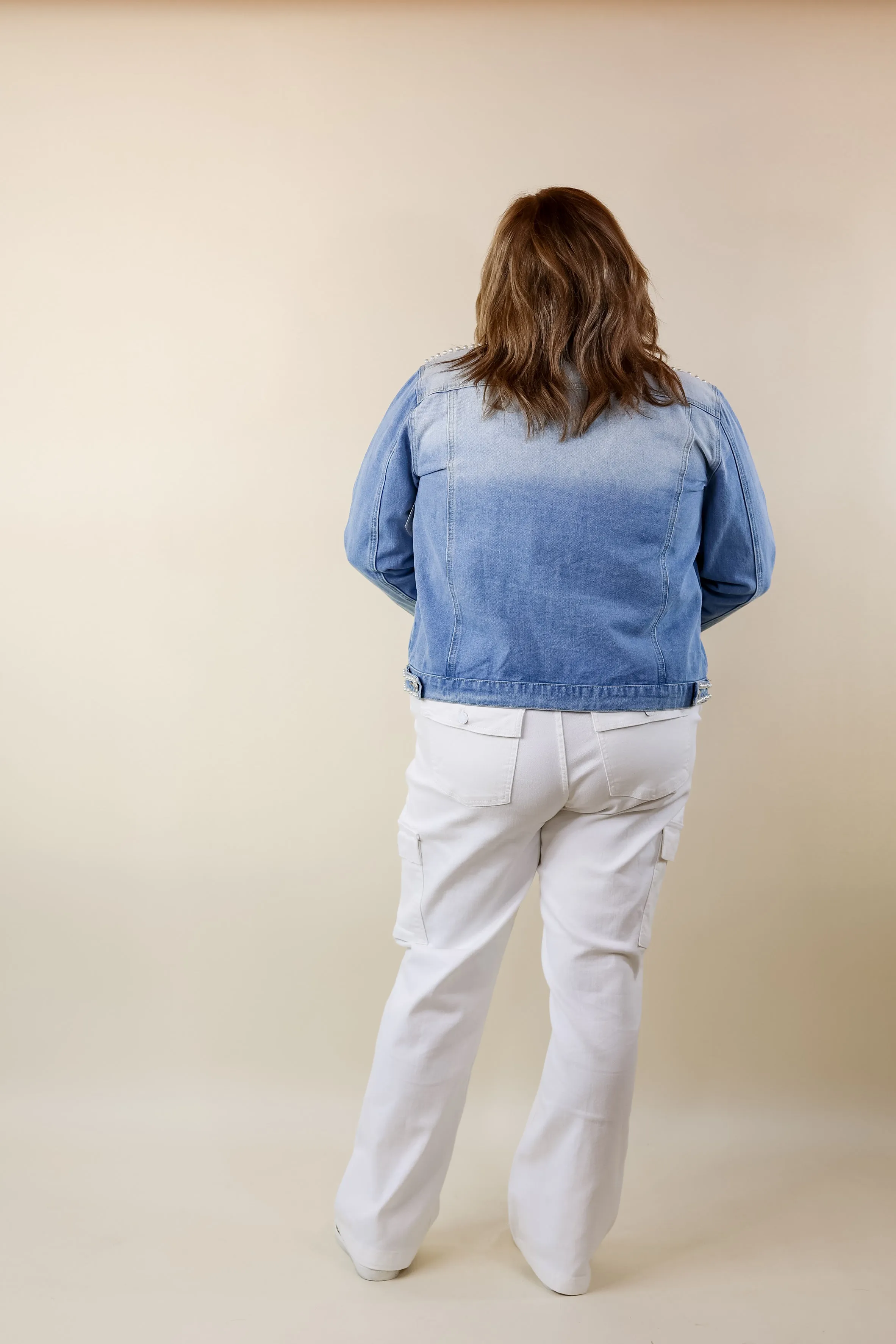 Pearls For the Girls Pearl Embellished Denim Jacket in Light Wash