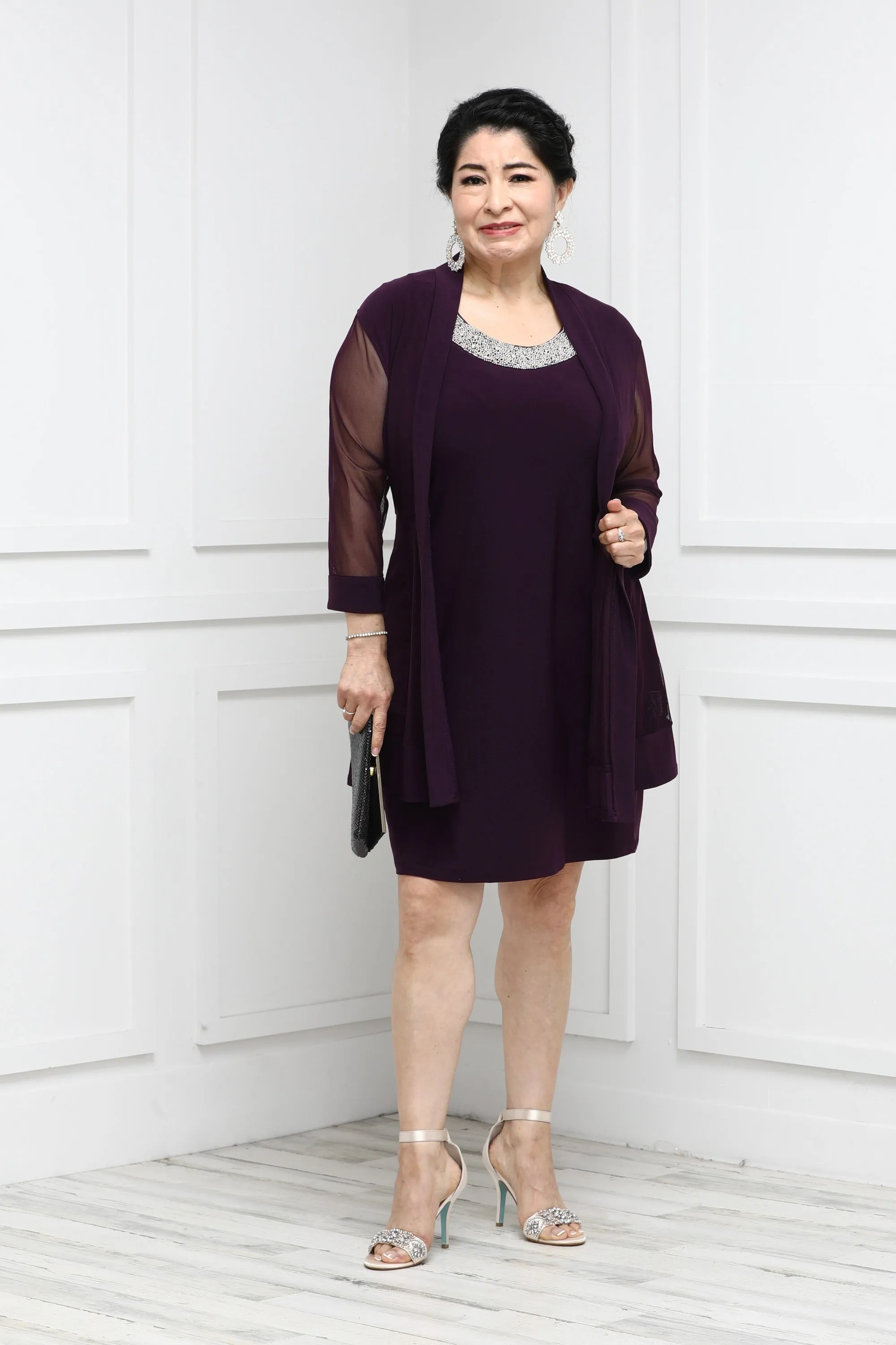 Petite Women Beaded Neck Two Piece Jacket Dress
