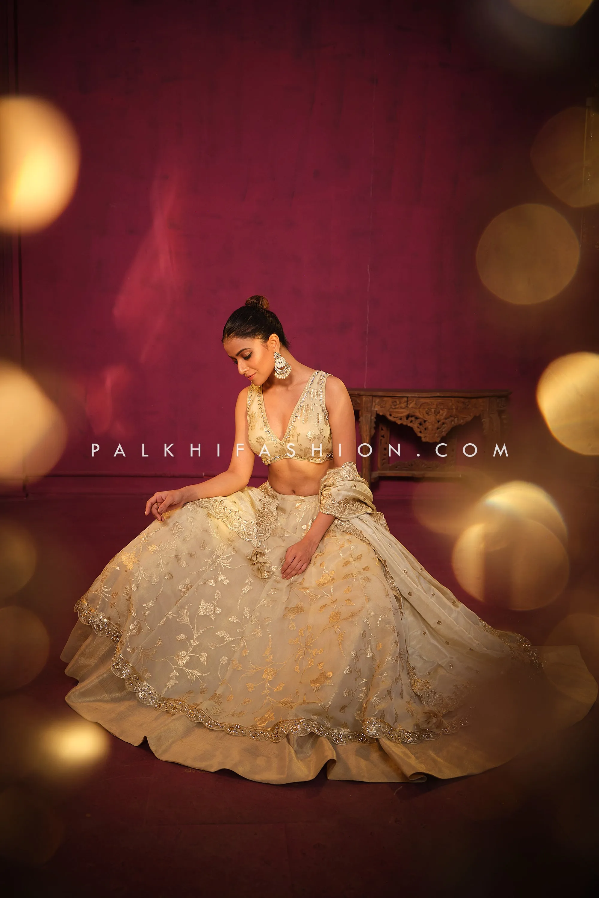 Radiant Reverie: A Stunning Beige Designer Lehenga Choli by Palkhi Fashion