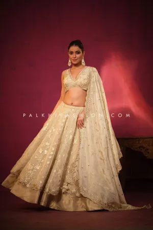 Radiant Reverie: A Stunning Beige Designer Lehenga Choli by Palkhi Fashion