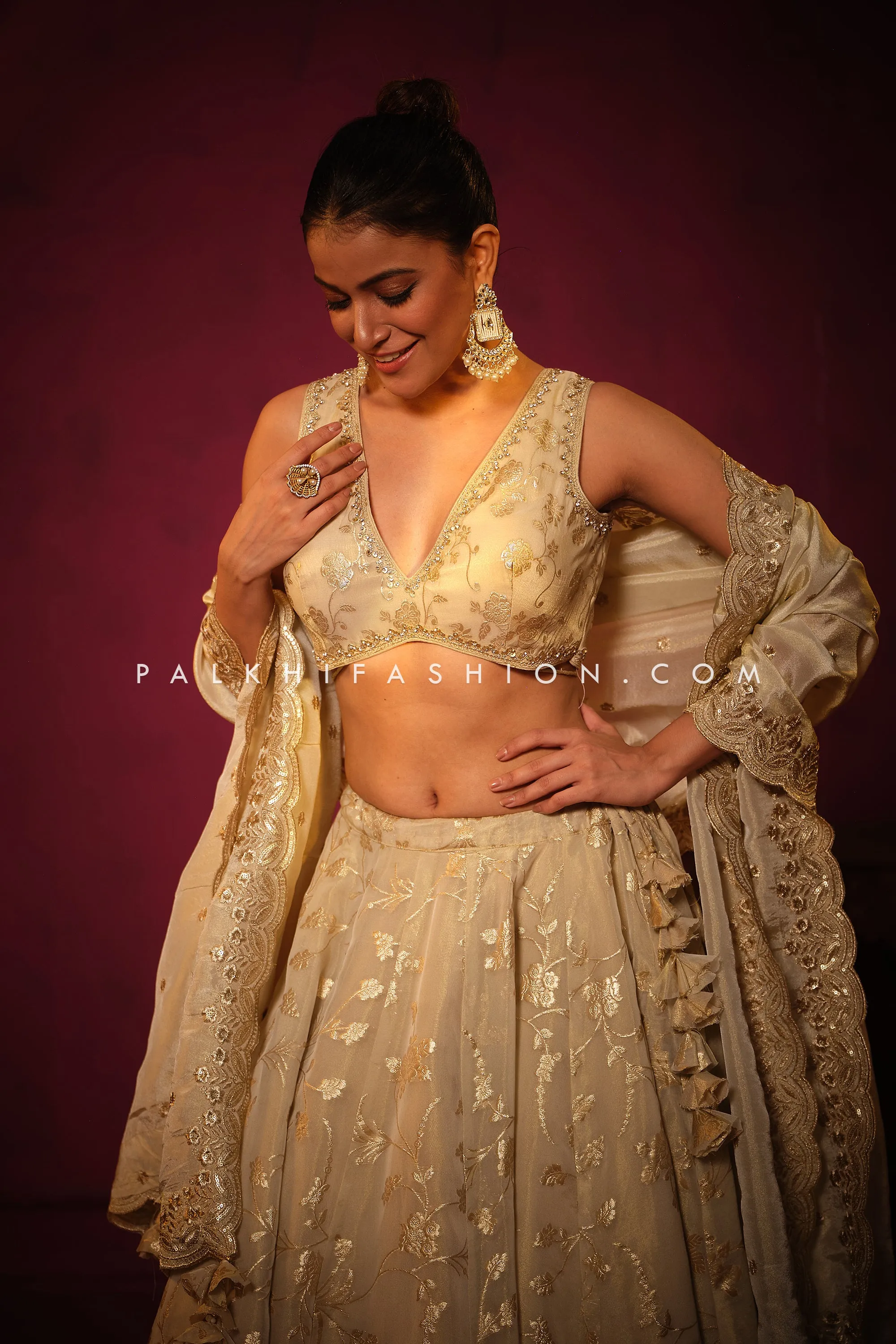 Radiant Reverie: A Stunning Beige Designer Lehenga Choli by Palkhi Fashion