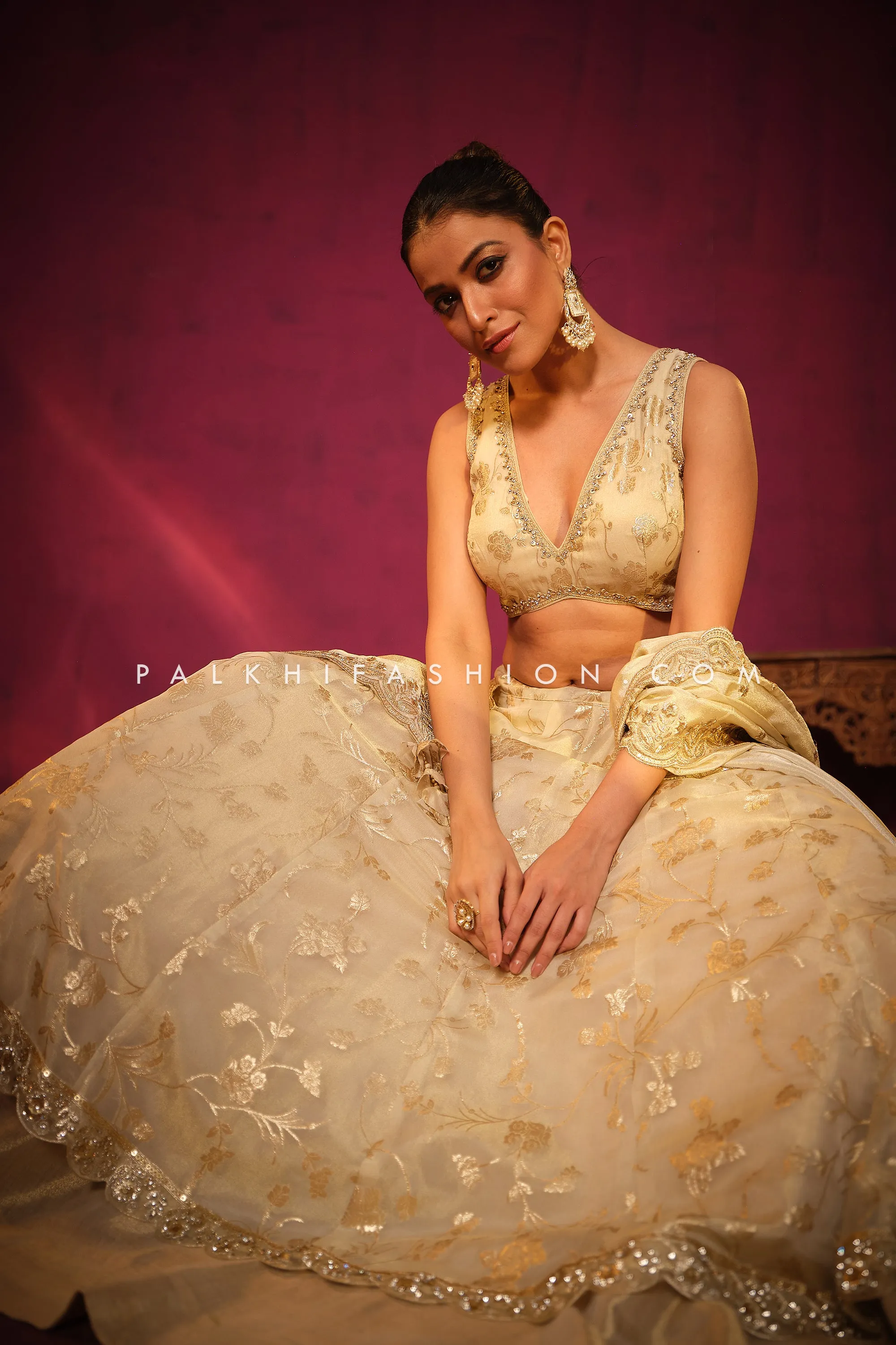 Radiant Reverie: A Stunning Beige Designer Lehenga Choli by Palkhi Fashion
