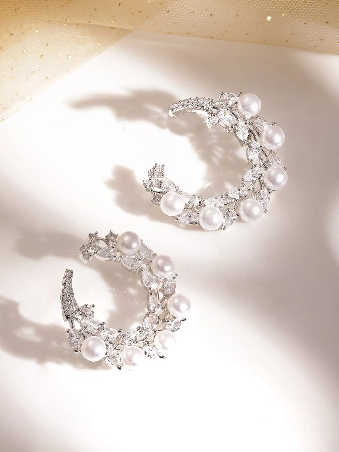 Radiant Reverie Rhodium-Plated AD and Pearl Beaded Earrings