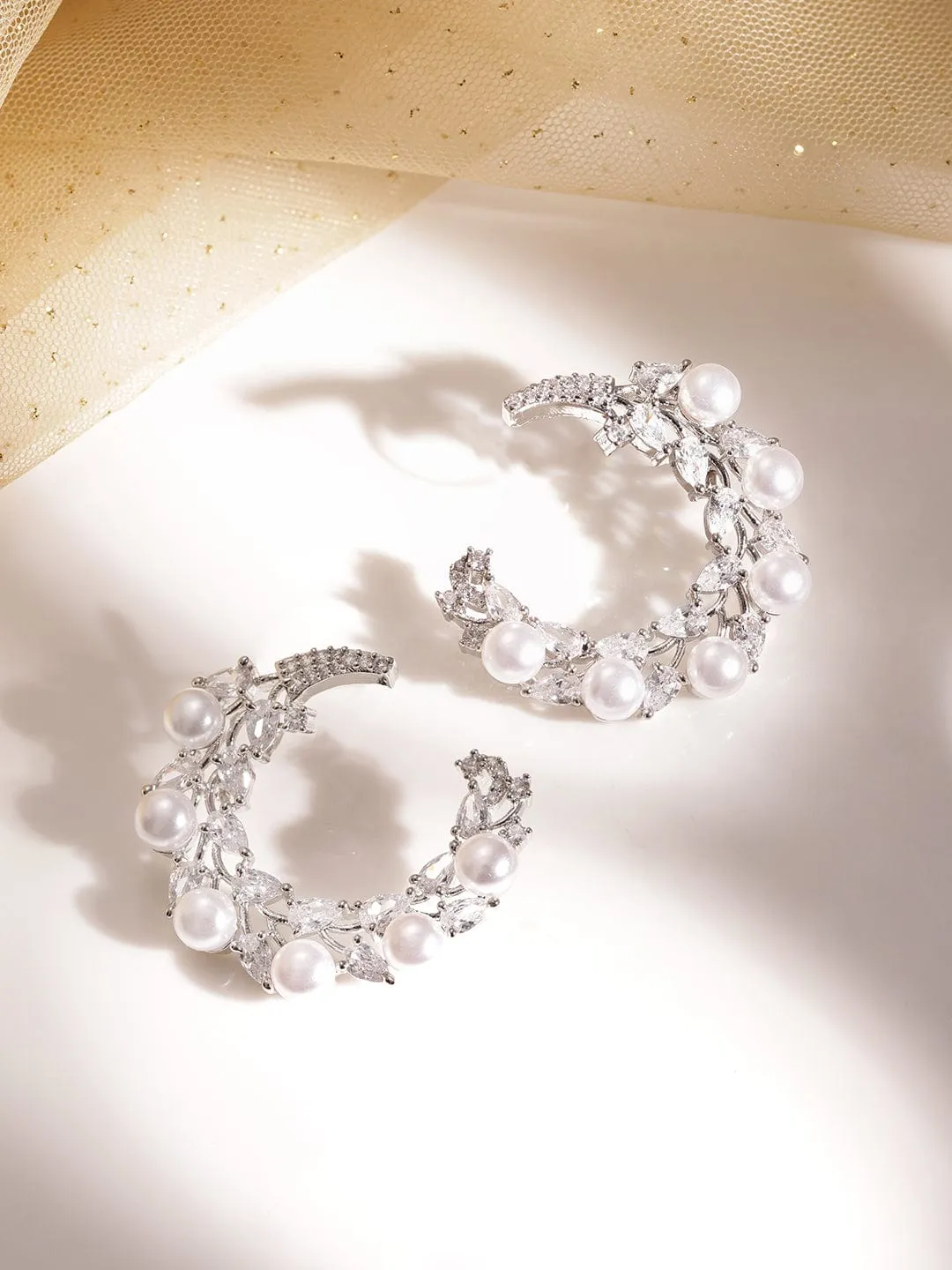 Radiant Reverie Rhodium-Plated AD and Pearl Beaded Earrings