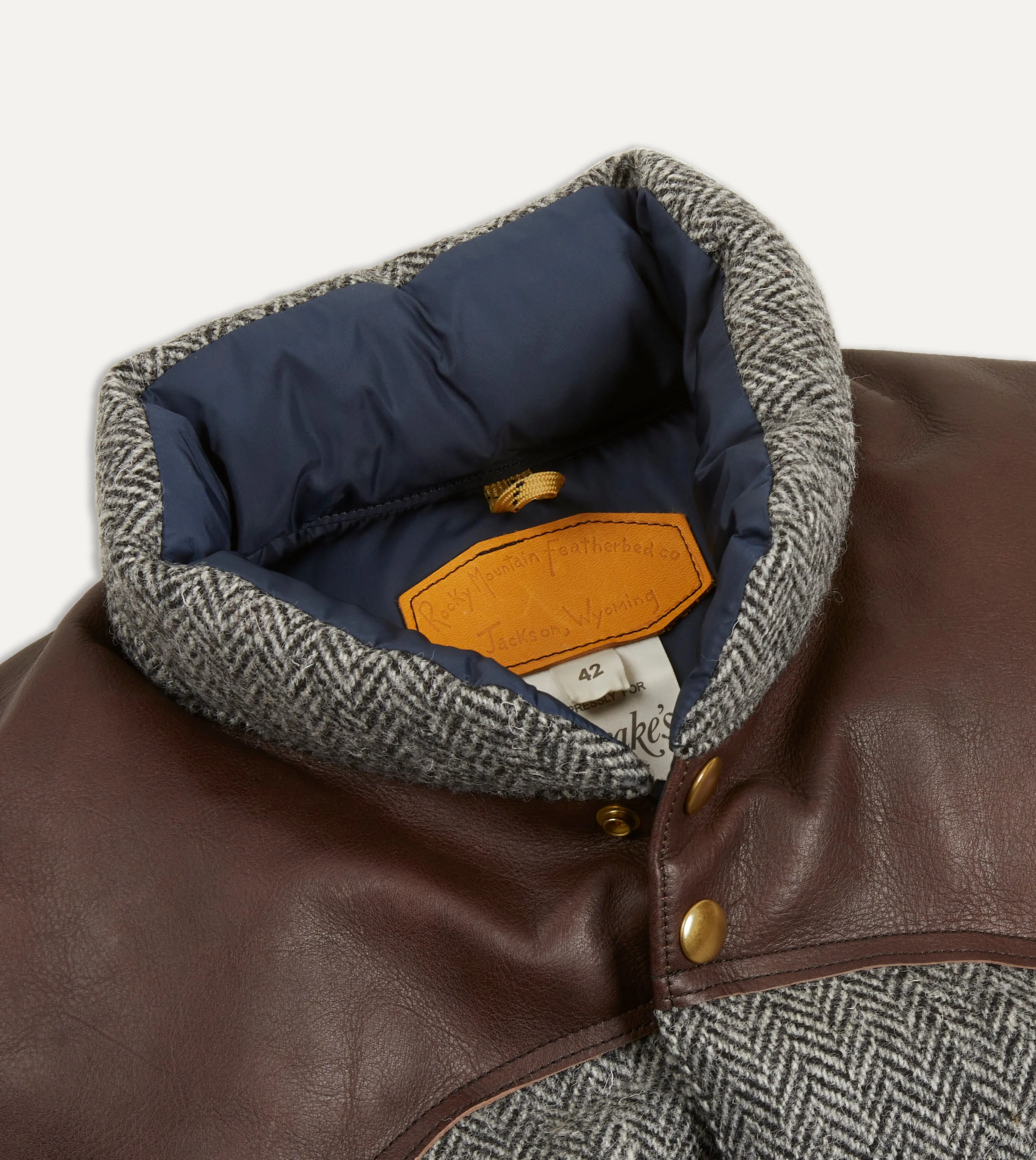 Rocky Mountain Featherbed for Drake's Herringbone Harris Tweed Leather Christy Down Vest