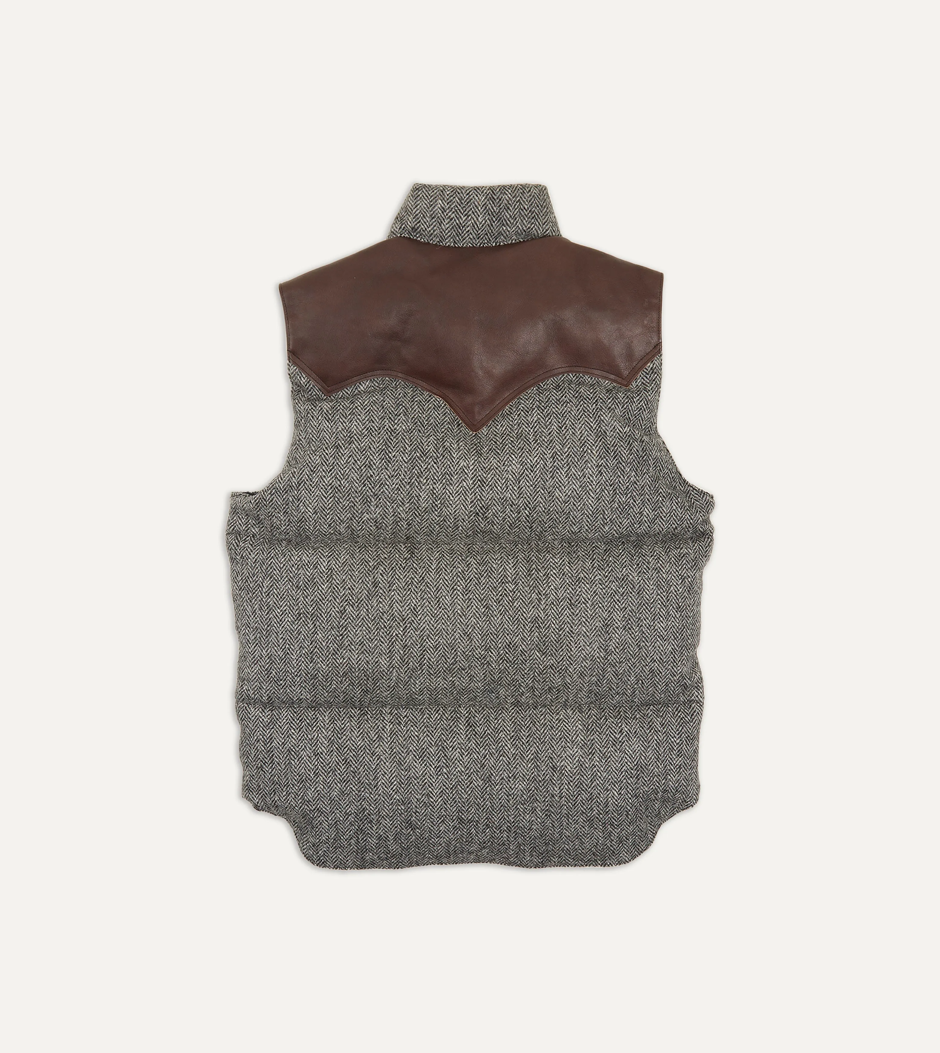 Rocky Mountain Featherbed for Drake's Herringbone Harris Tweed Leather Christy Down Vest