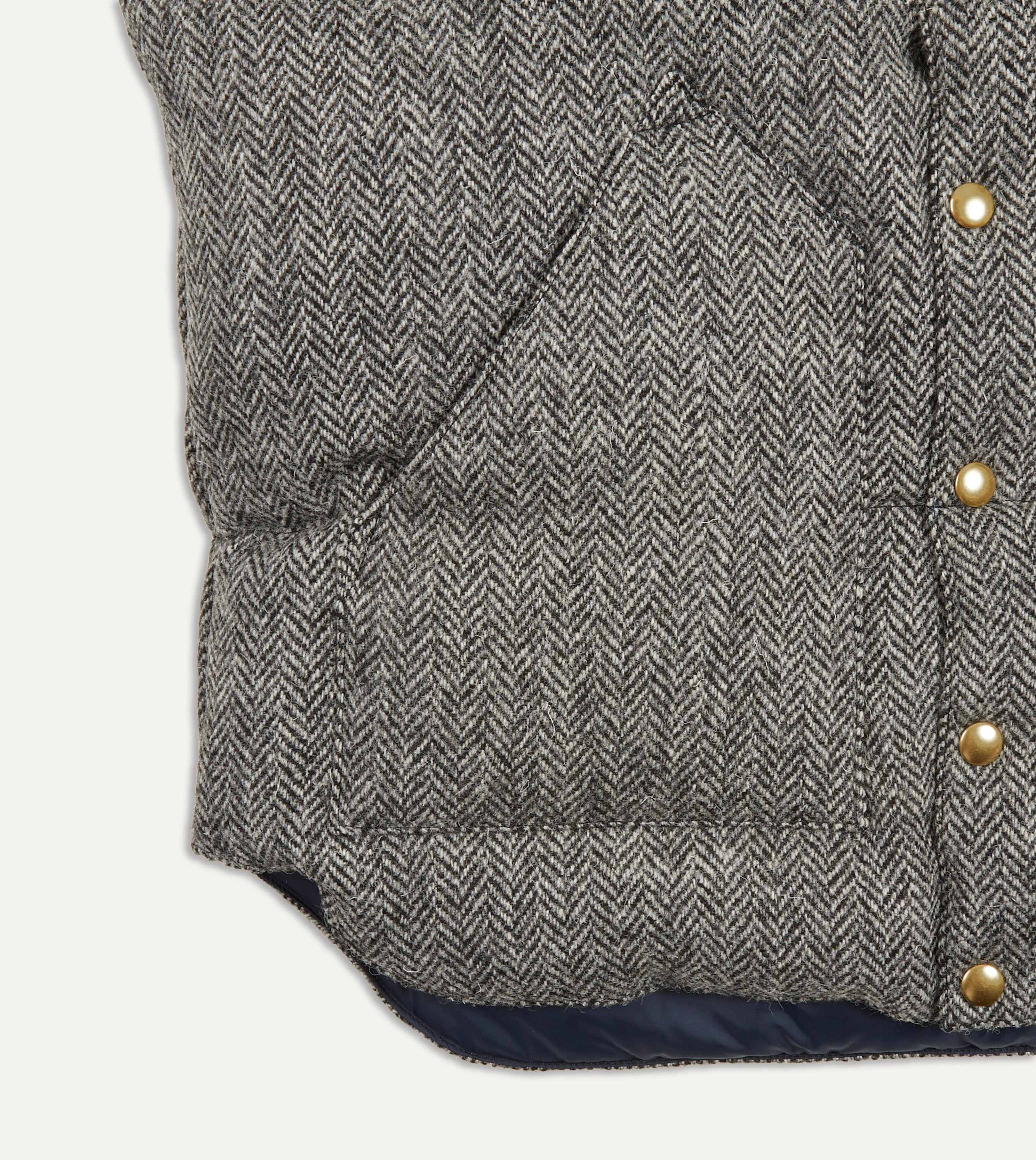 Rocky Mountain Featherbed for Drake's Herringbone Harris Tweed Leather Christy Down Vest