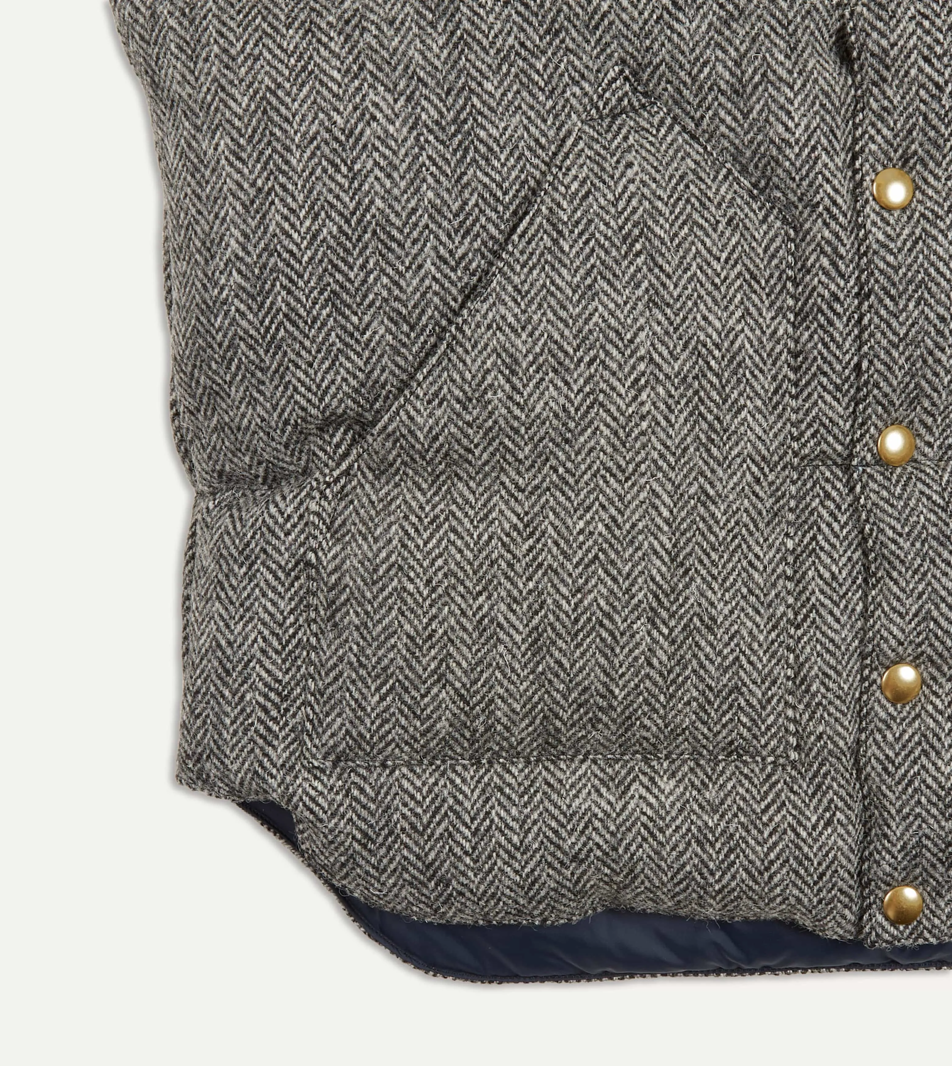 Rocky Mountain Featherbed for Drake's Herringbone Harris Tweed Leather Christy Down Vest