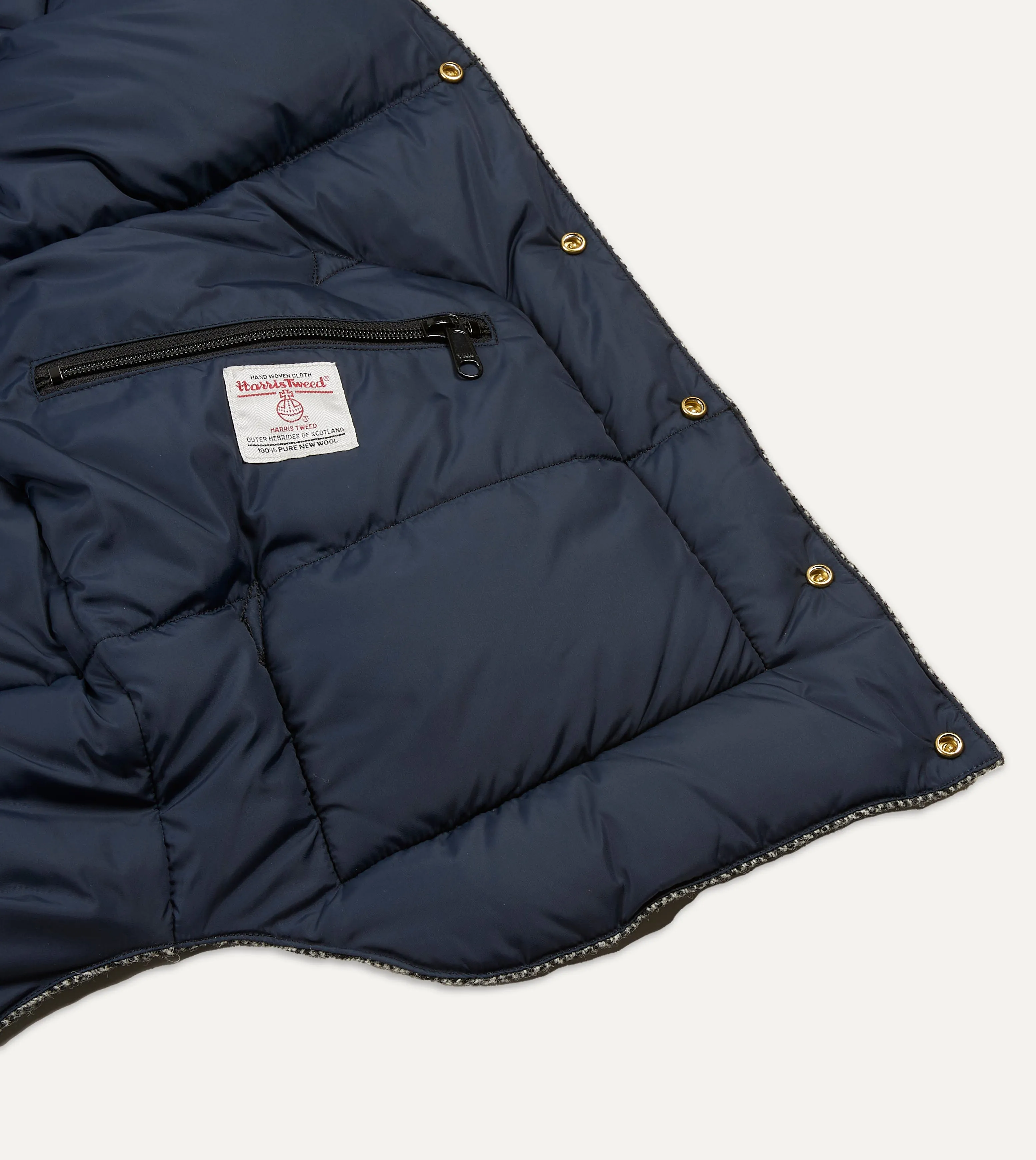 Rocky Mountain Featherbed for Drake's Herringbone Harris Tweed Leather Christy Down Vest