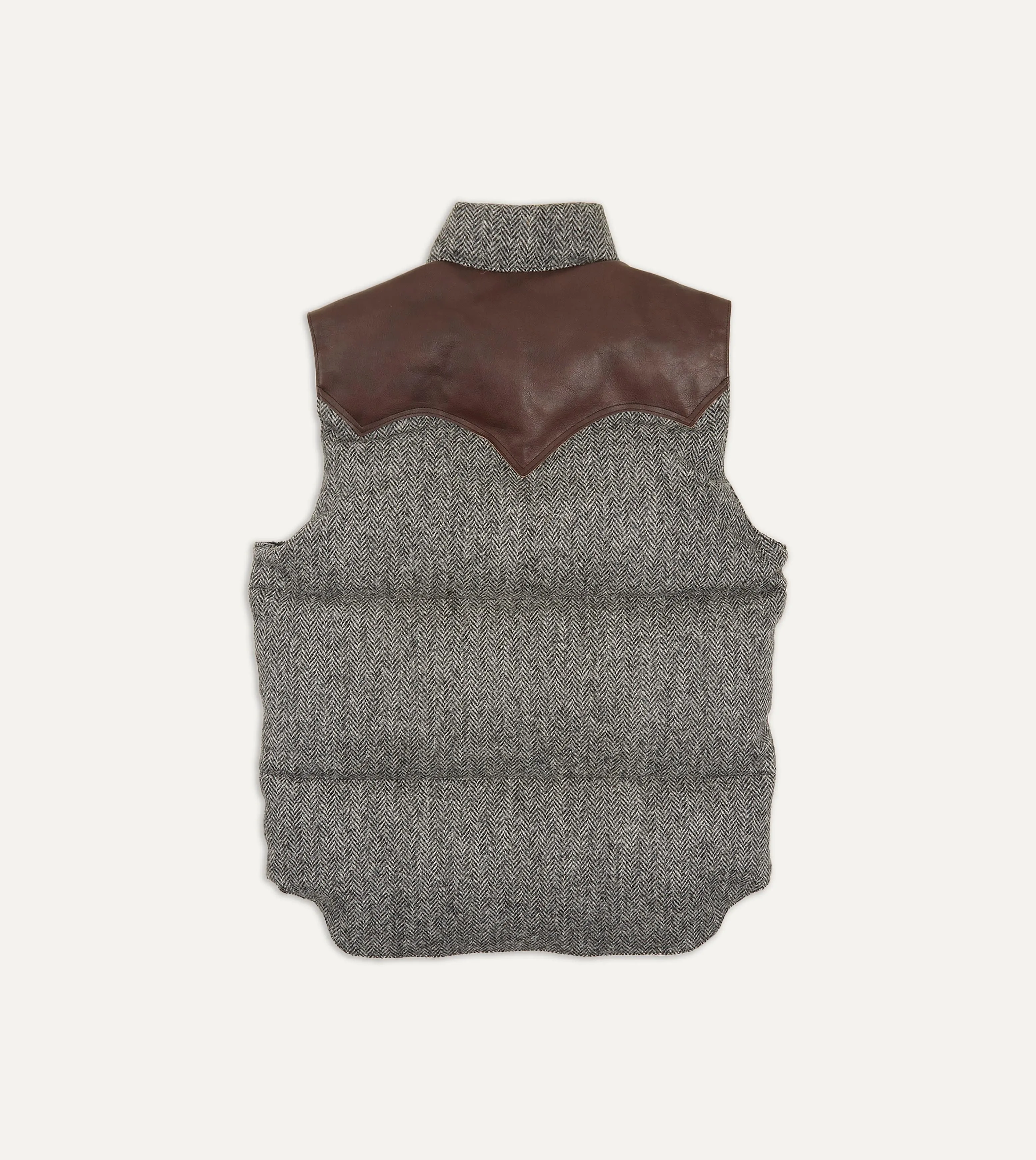 Rocky Mountain Featherbed for Drake's Herringbone Harris Tweed Leather Christy Down Vest
