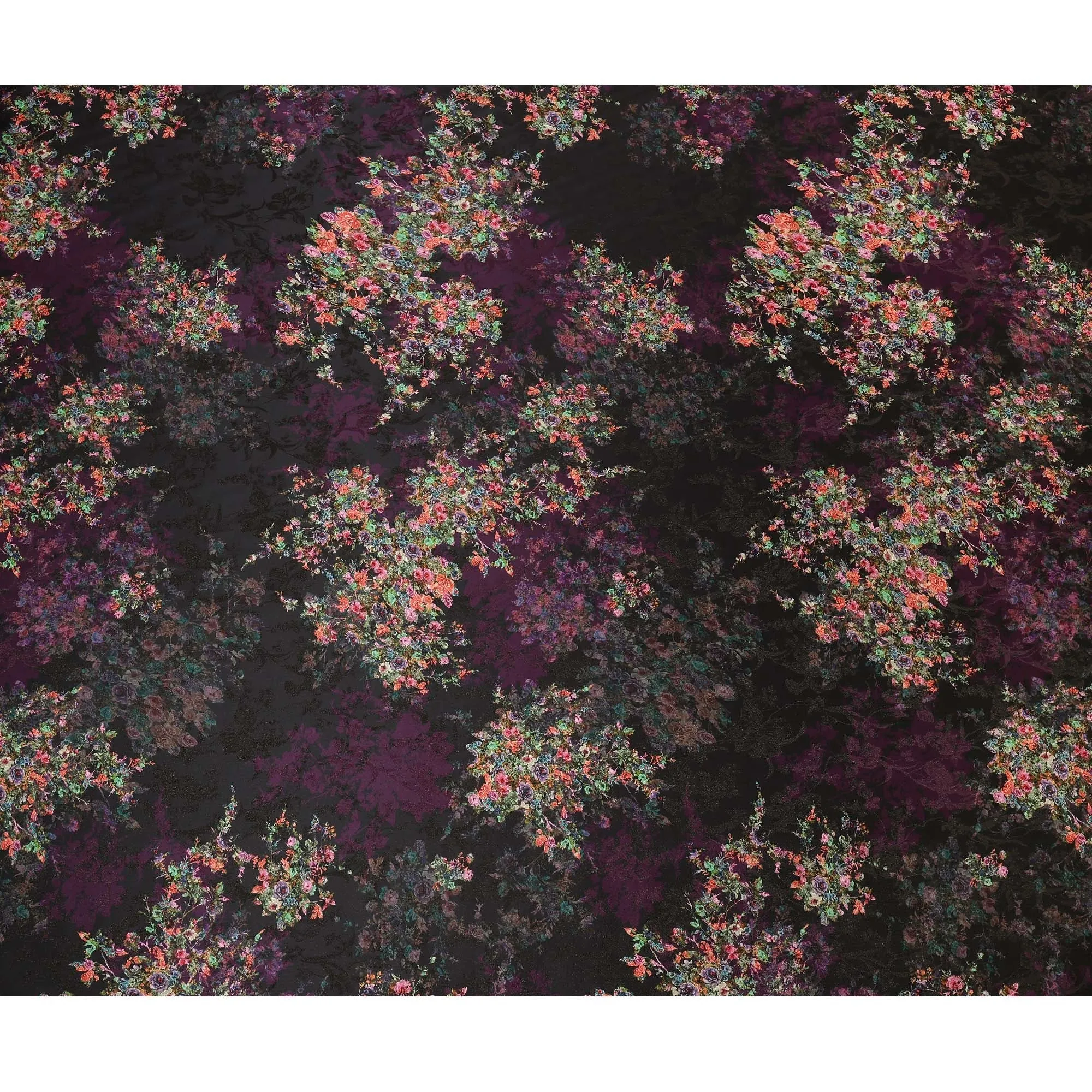 South Korean Silk Satin Fabric with Metallic Floral Design on Black and Purple Background – 150 cm Width-D20338