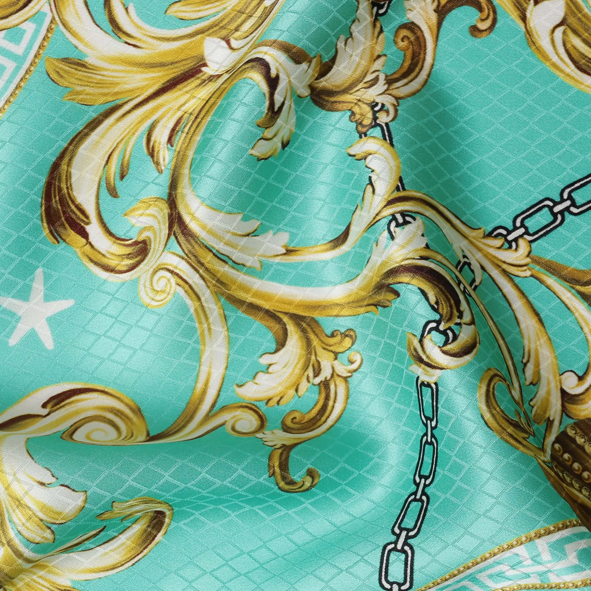 South Korean Silk Satin Jacquard Fabric with Baroque and Star Design on Aqua Background – 150 cm Width-D20341
