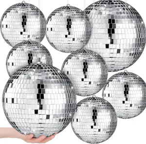 The Decor Affair 8 Pcs Opalescent Silver Disco Spheres – Mirrored Marvels with Hanging Finesse for Stage, Club, Ballroom Grandiosity, and Wedding Enchantment (8'', 6 Inch)