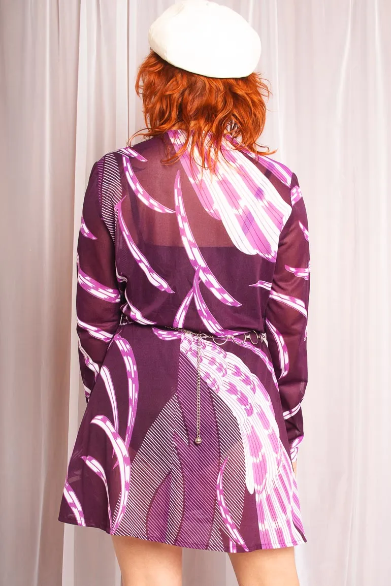 Vintage 1970s Purple Wrap Patterned Mini Dress