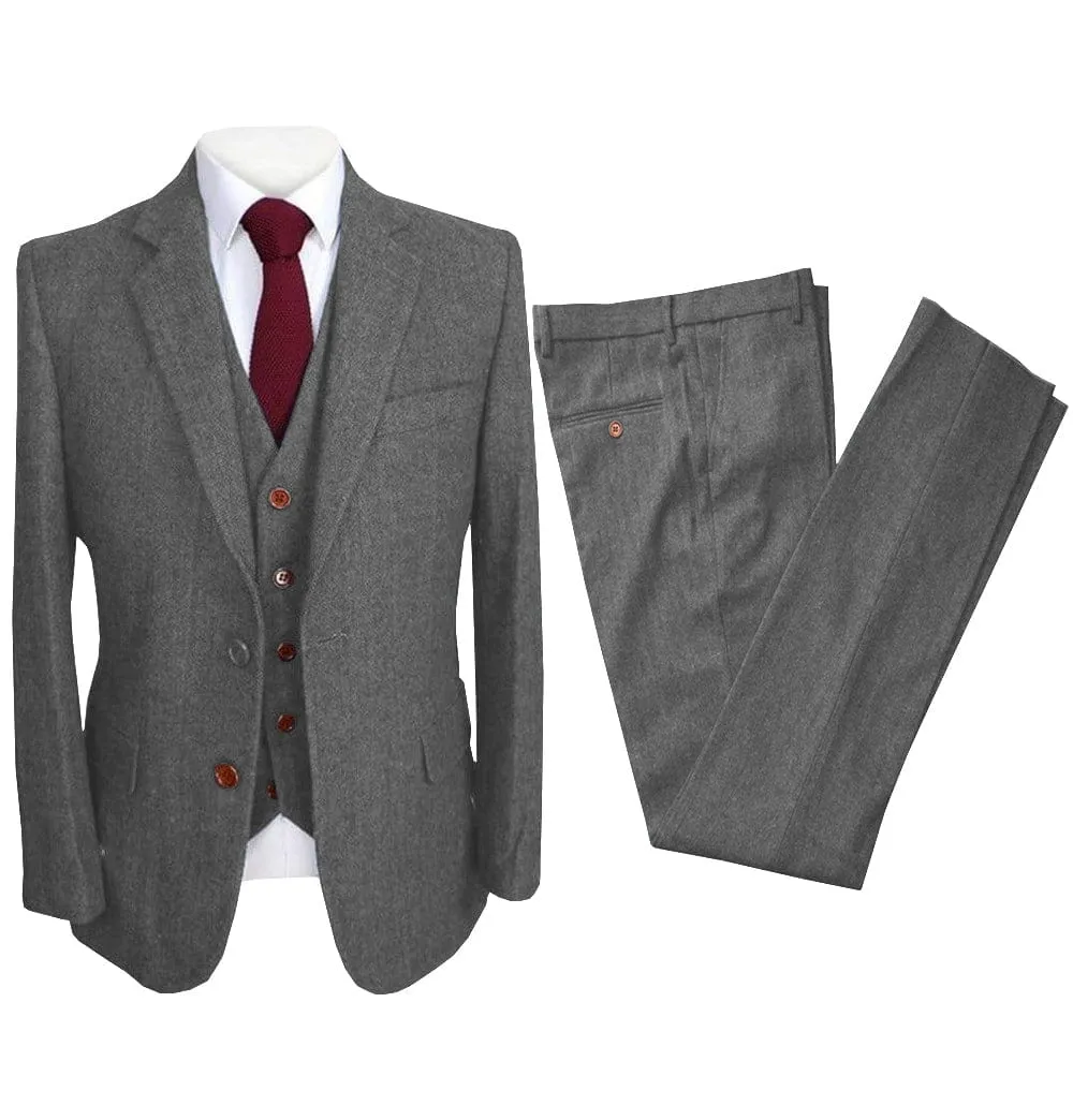 Vintage 3 Pieces Mens Suit Herringbone Notch Lapel Tuxedos (Blazer vest Pants)