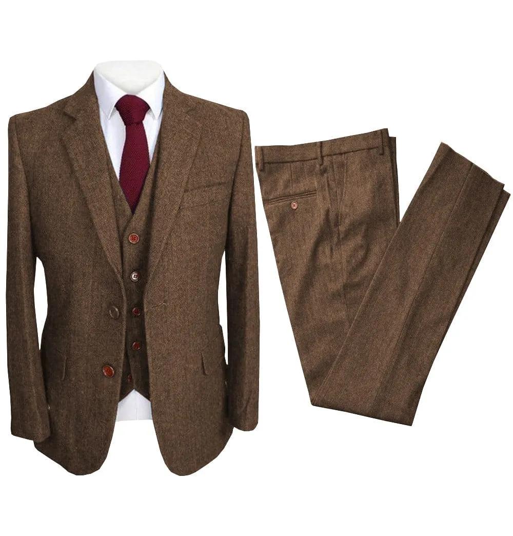 Vintage 3 Pieces Mens Suit Herringbone Notch Lapel Tuxedos (Blazer vest Pants)