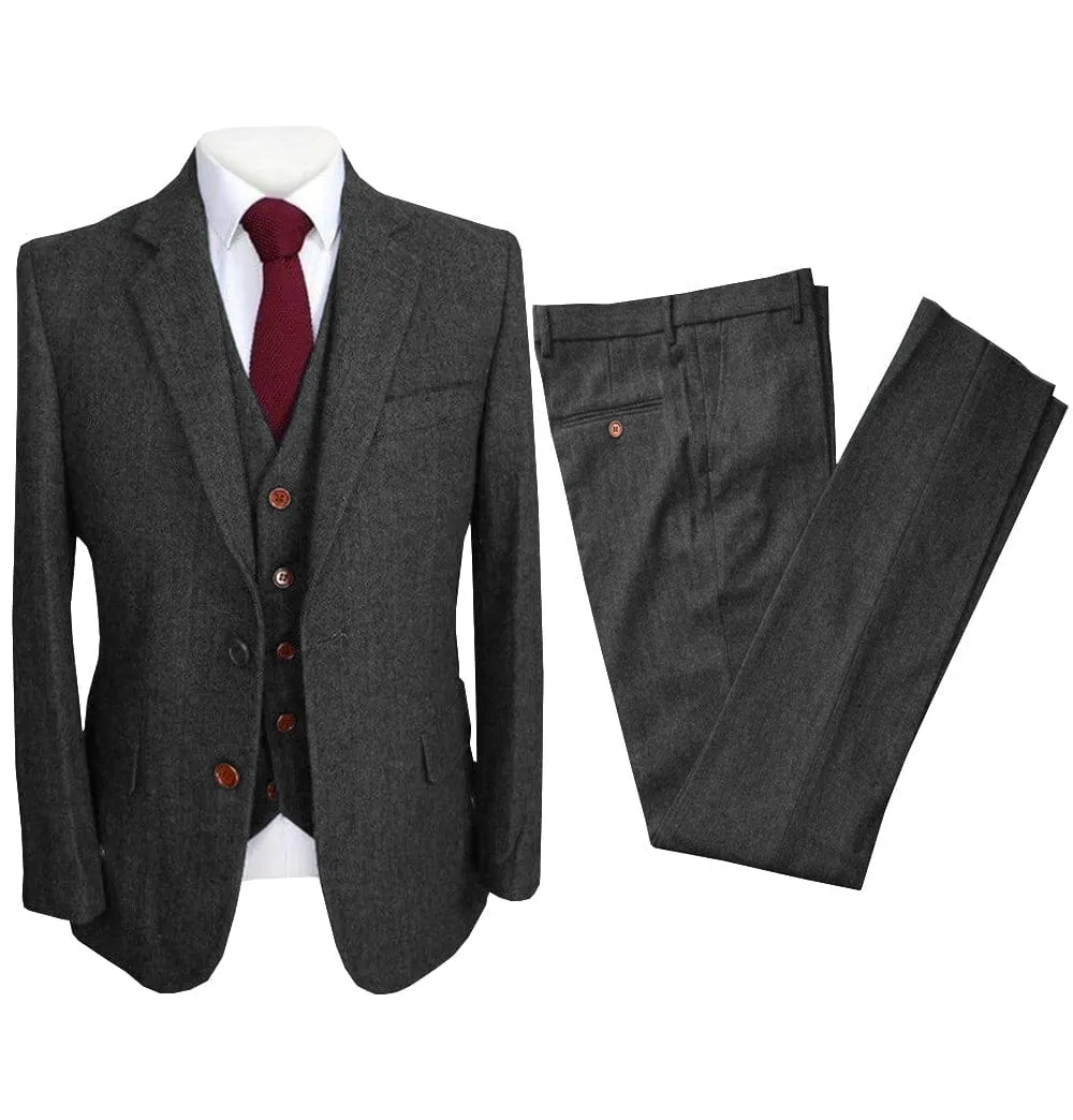 Vintage 3 Pieces Mens Suit Herringbone Notch Lapel Tuxedos (Blazer vest Pants)