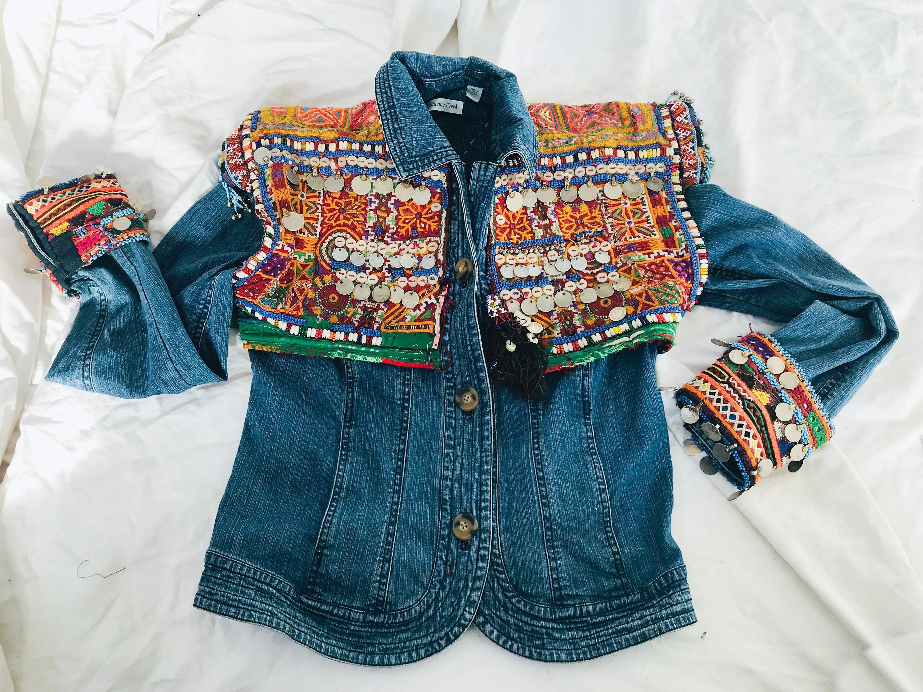 Vintage Balochi Repurposed Denim Jacket. Size M. Embroidered Beaded and Coined