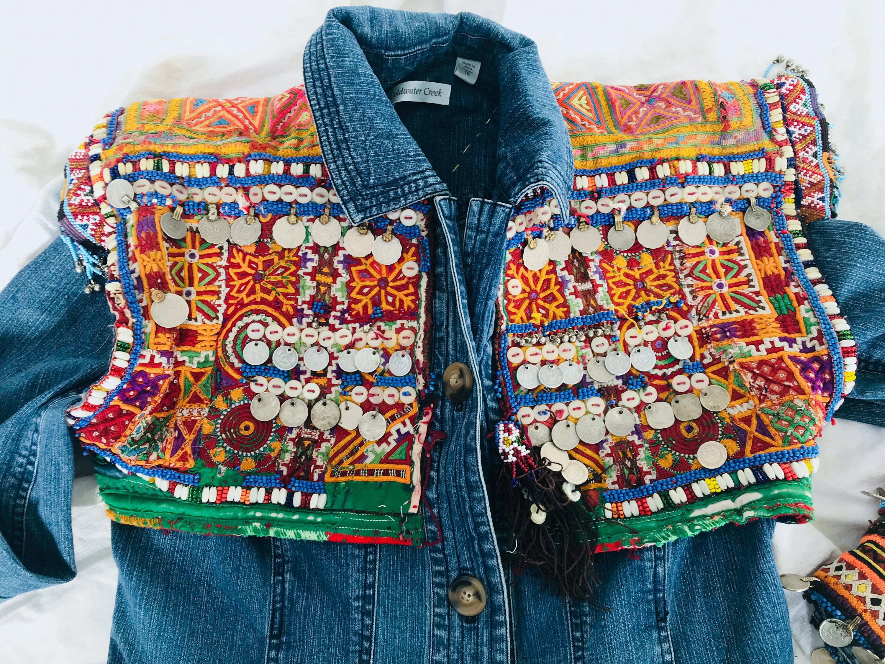 Vintage Balochi Repurposed Denim Jacket. Size M. Embroidered Beaded and Coined