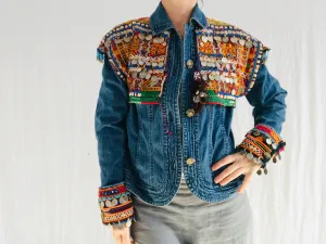 Vintage Balochi Repurposed Denim Jacket. Size M. Embroidered Beaded and Coined