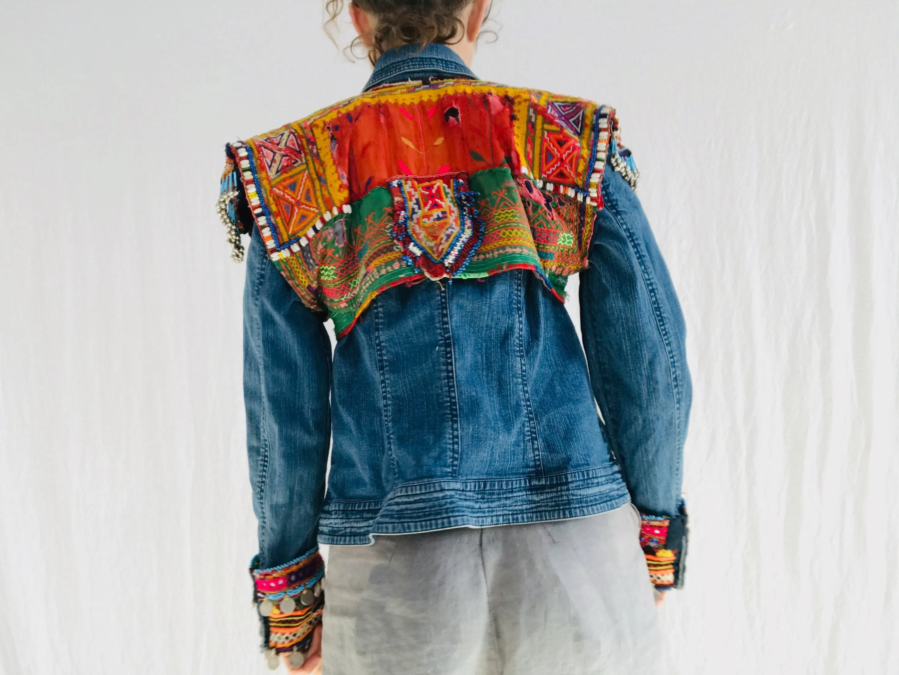 Vintage Balochi Repurposed Denim Jacket. Size M. Embroidered Beaded and Coined