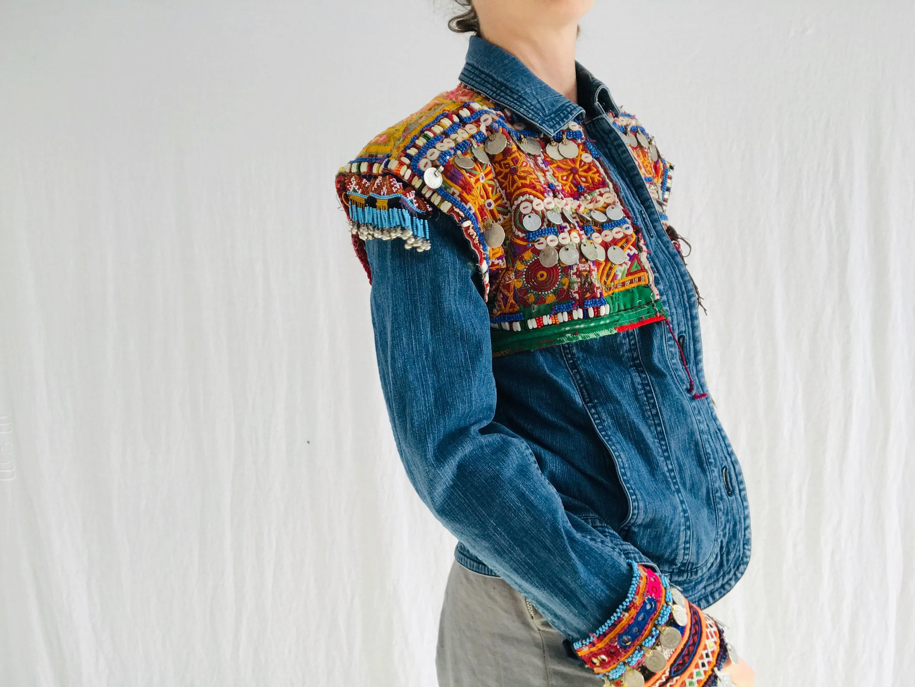 Vintage Balochi Repurposed Denim Jacket. Size M. Embroidered Beaded and Coined