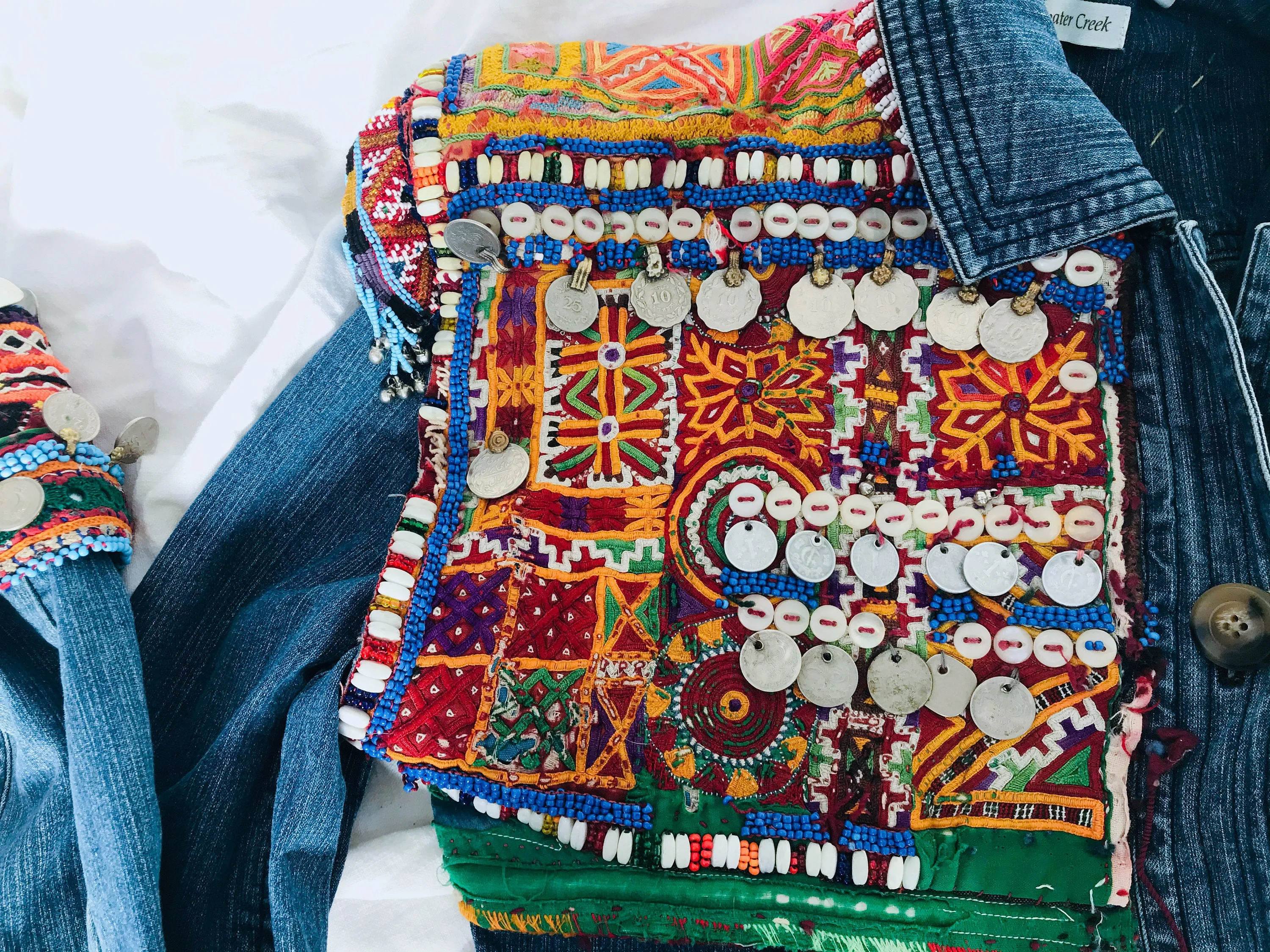Vintage Balochi Repurposed Denim Jacket. Size M. Embroidered Beaded and Coined